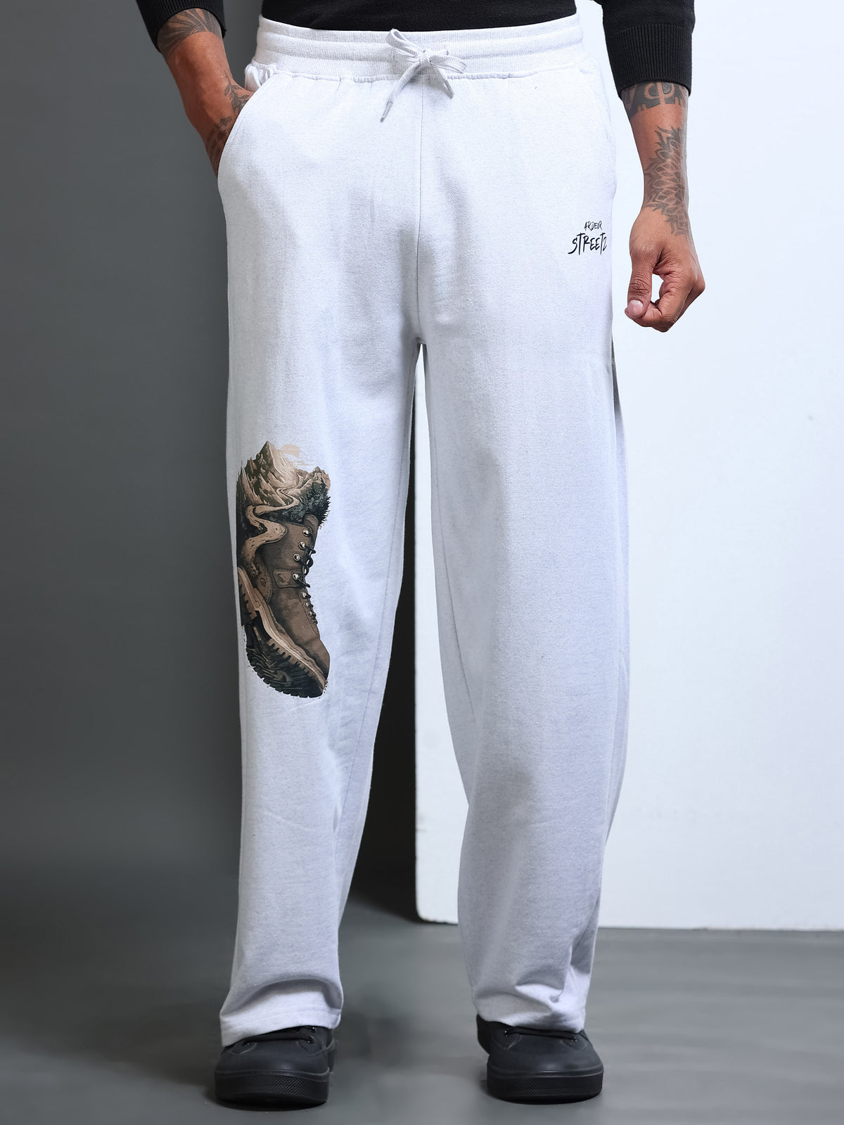 ARDEUR STREETZ Men White Melange Cotton Blend Mountain Trail Graphic Baggy Fit Track Pants