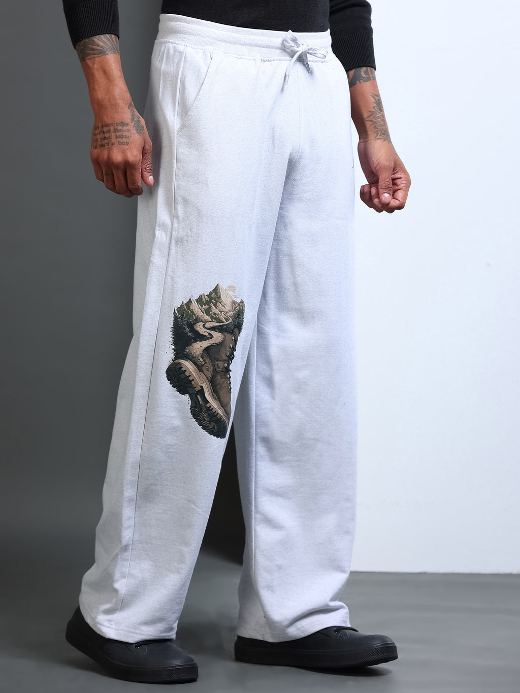 ARDEUR STREETZ Men White Melange Cotton Blend Mountain Trail Graphic Baggy Fit Track Pants