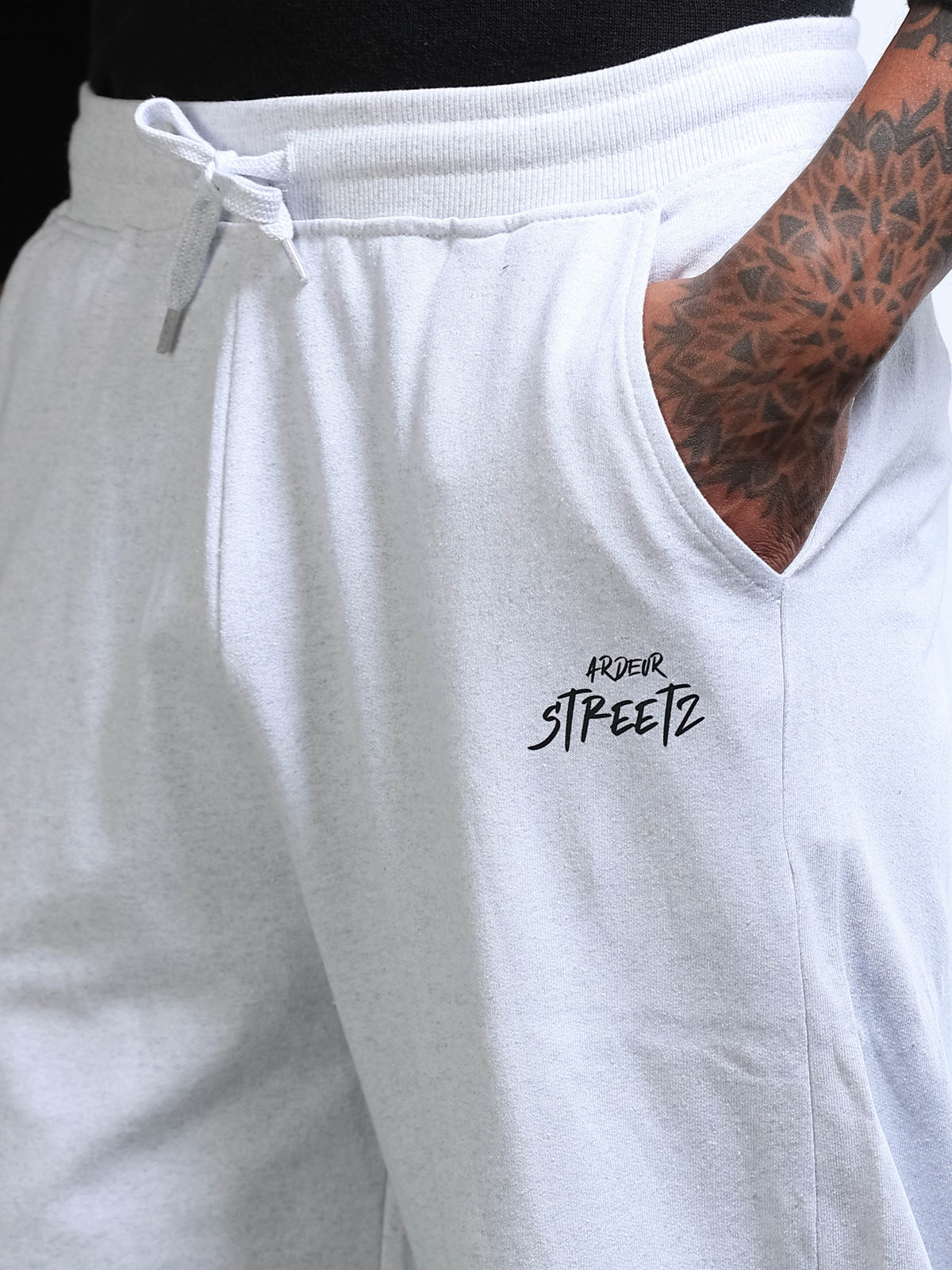 ARDEUR STREETZ Men White Melange Cotton Blend Mountain Trail Graphic Baggy Fit Track Pants