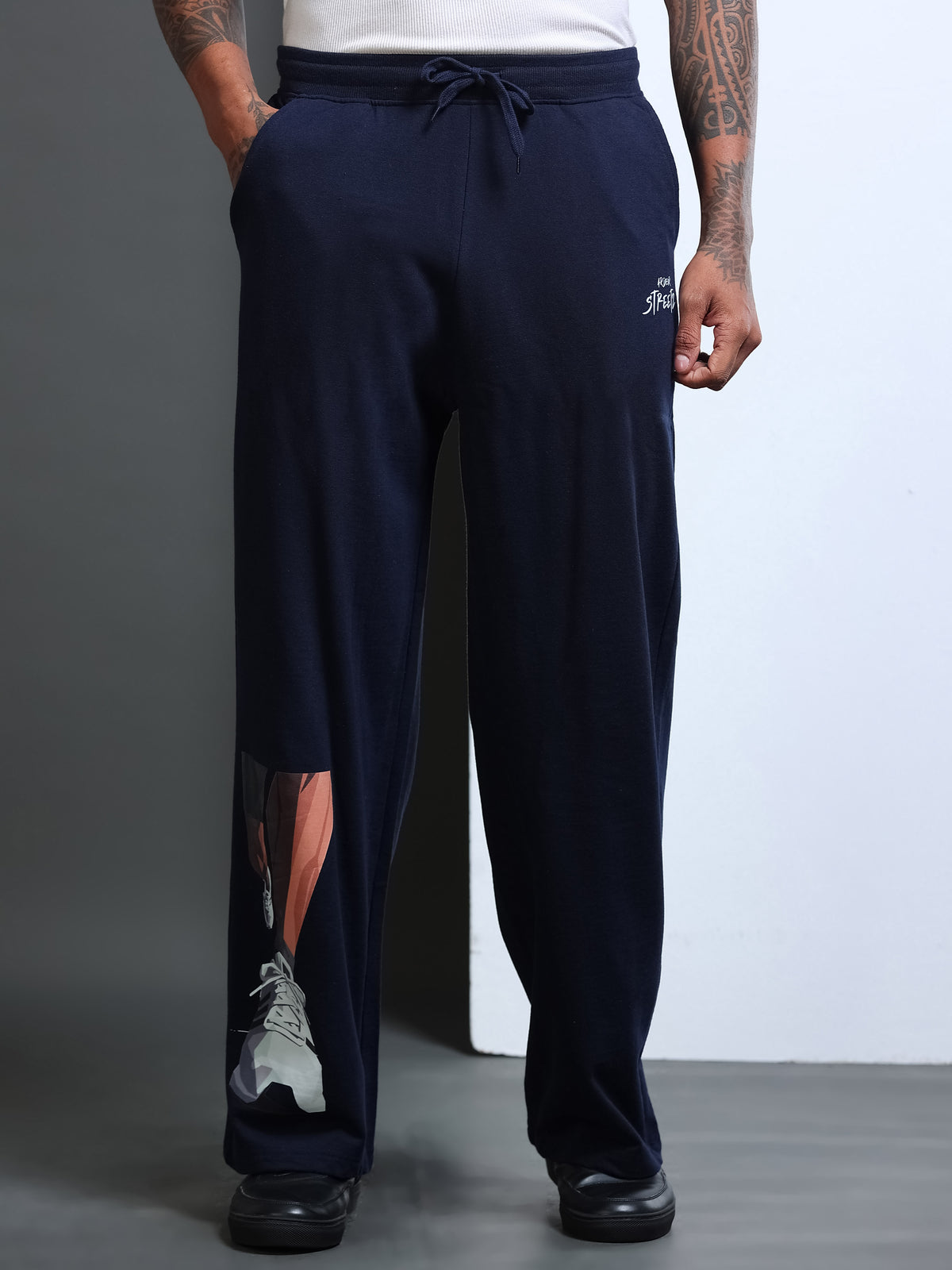 ARDEUR STREETZ Men Navy Cotton Blend Sneaker Graphic Baggy Fit Track Pants