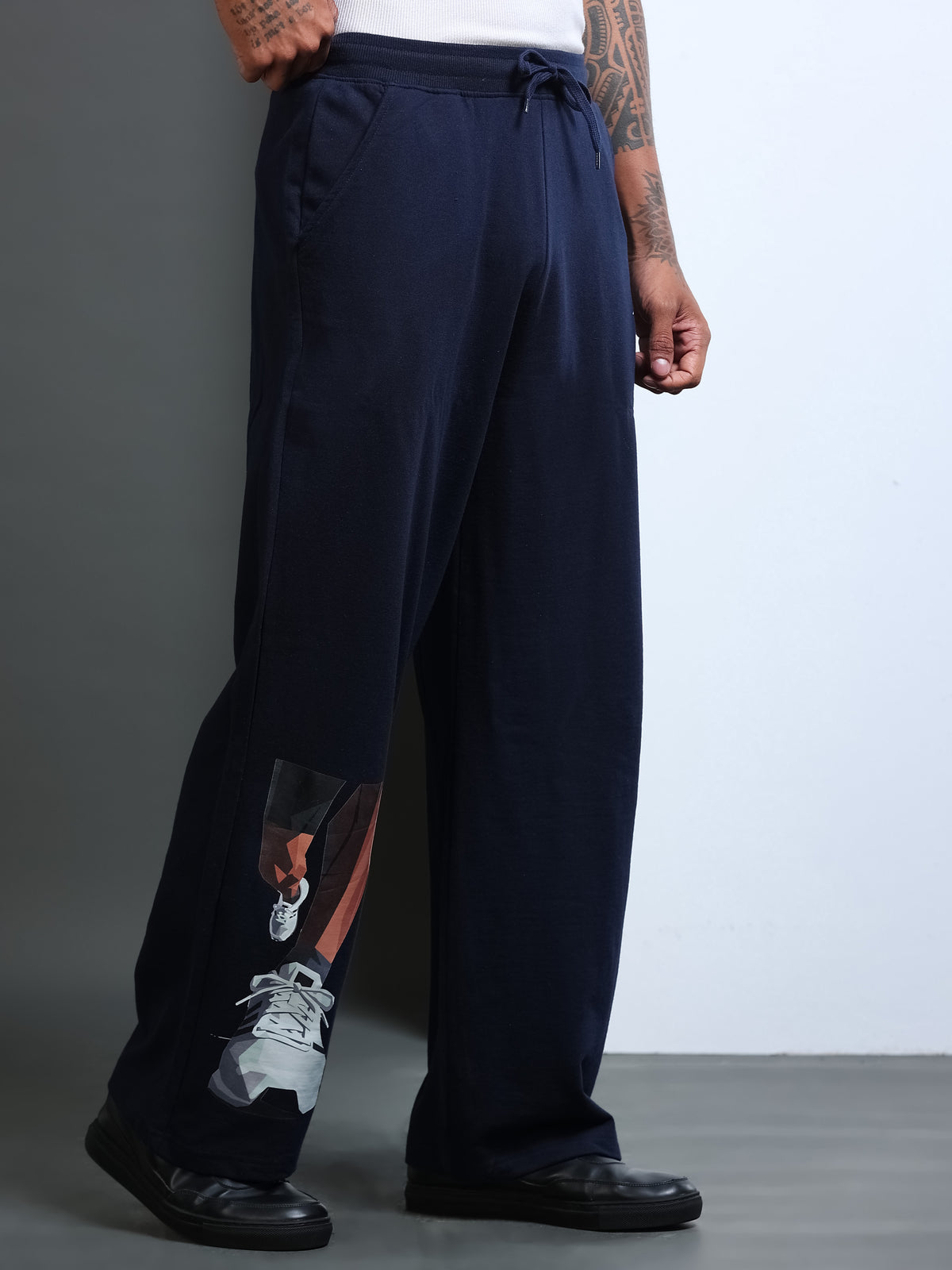 ARDEUR STREETZ Men Navy Cotton Blend Sneaker Graphic Baggy Fit Track Pants