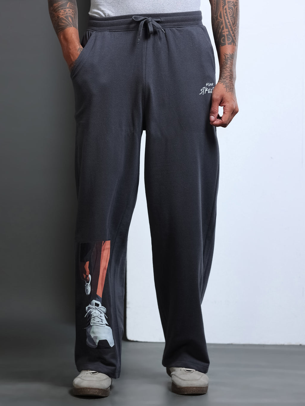 ARDEUR STREETZ Men Steel Grey Cotton Blend Sneaker Graphic Baggy Fit Track Pants