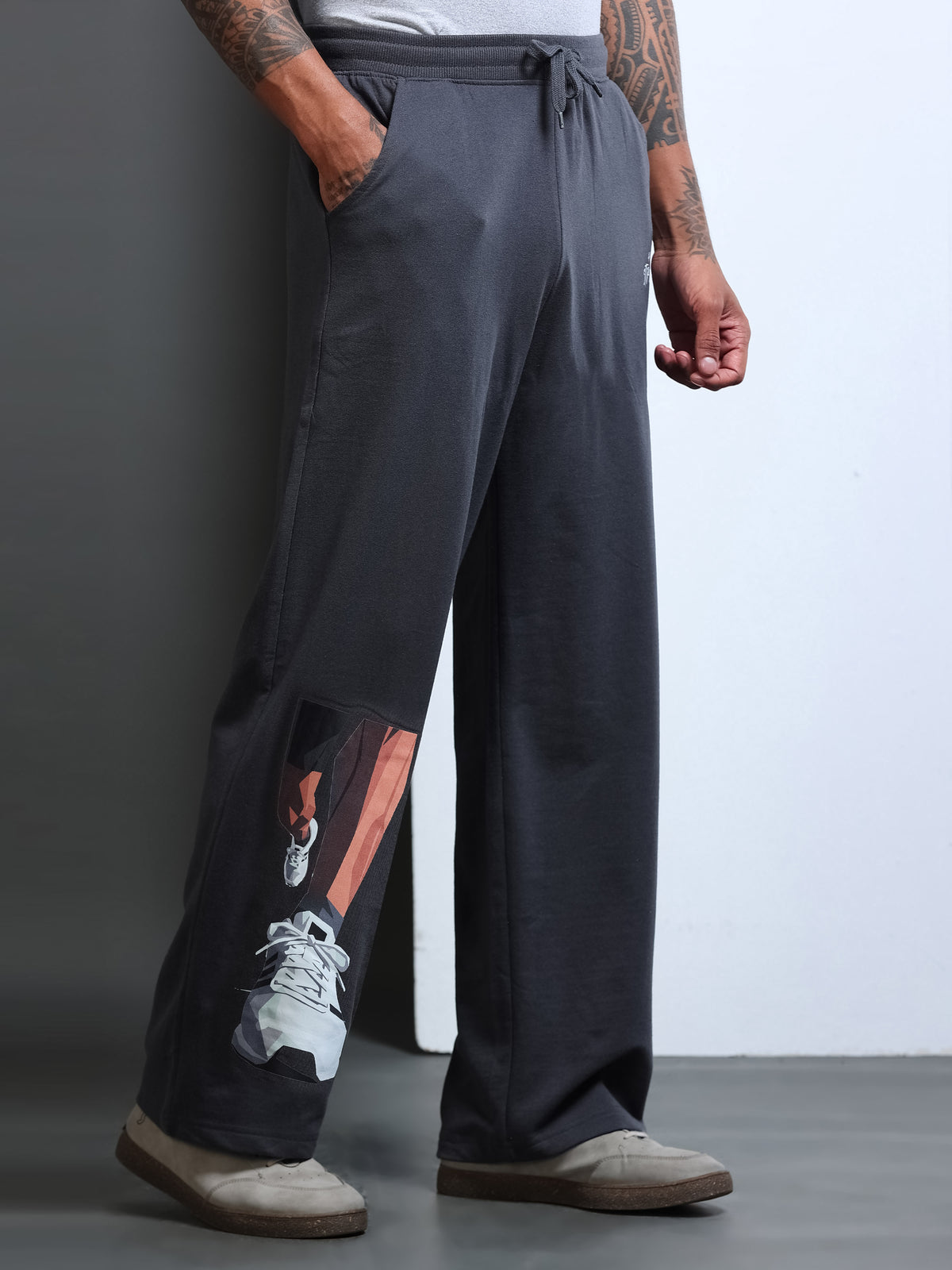 ARDEUR STREETZ Men Steel Grey Cotton Blend Sneaker Graphic Baggy Fit Track Pants