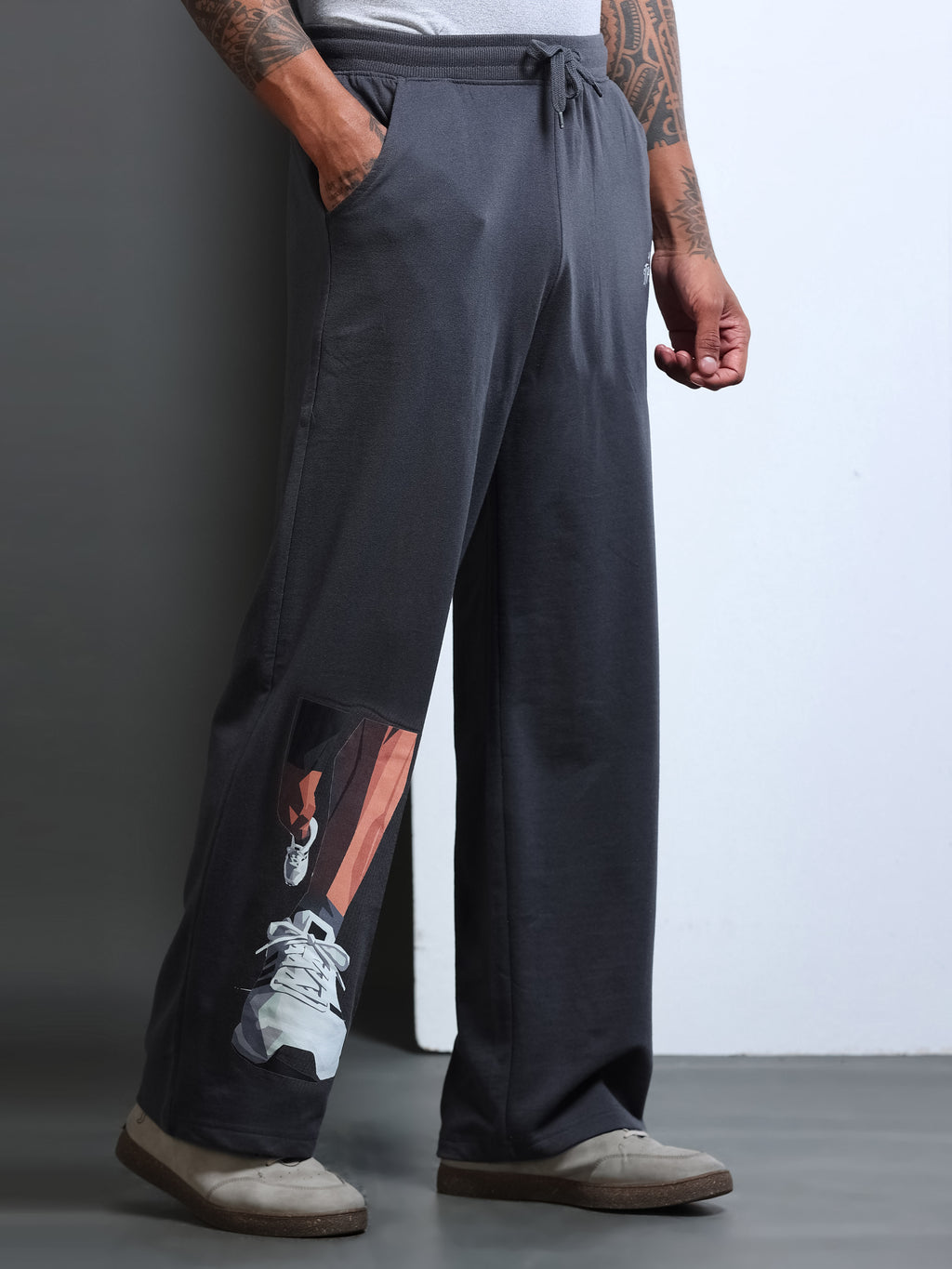 ARDEUR STREETZ Men Steel Grey Cotton Blend Sneaker Graphic Baggy Fit Track Pants