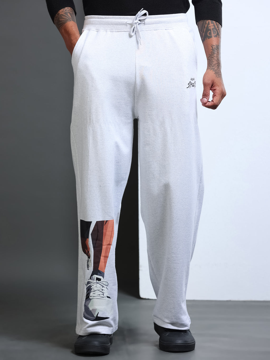ARDEUR STREETZ Men White Melange Cotton Blend Sneaker Graphic Baggy Fit Track Pants