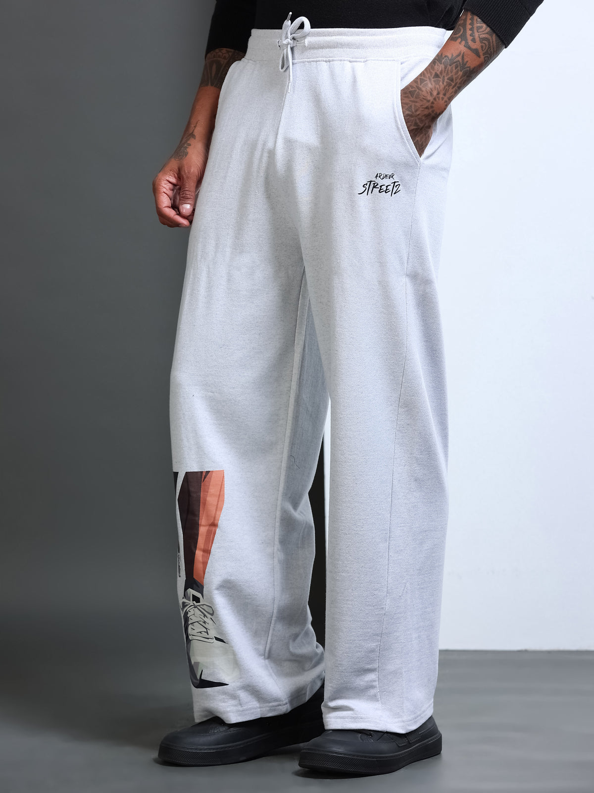ARDEUR STREETZ Men White Melange Cotton Blend Sneaker Graphic Baggy Fit Track Pants