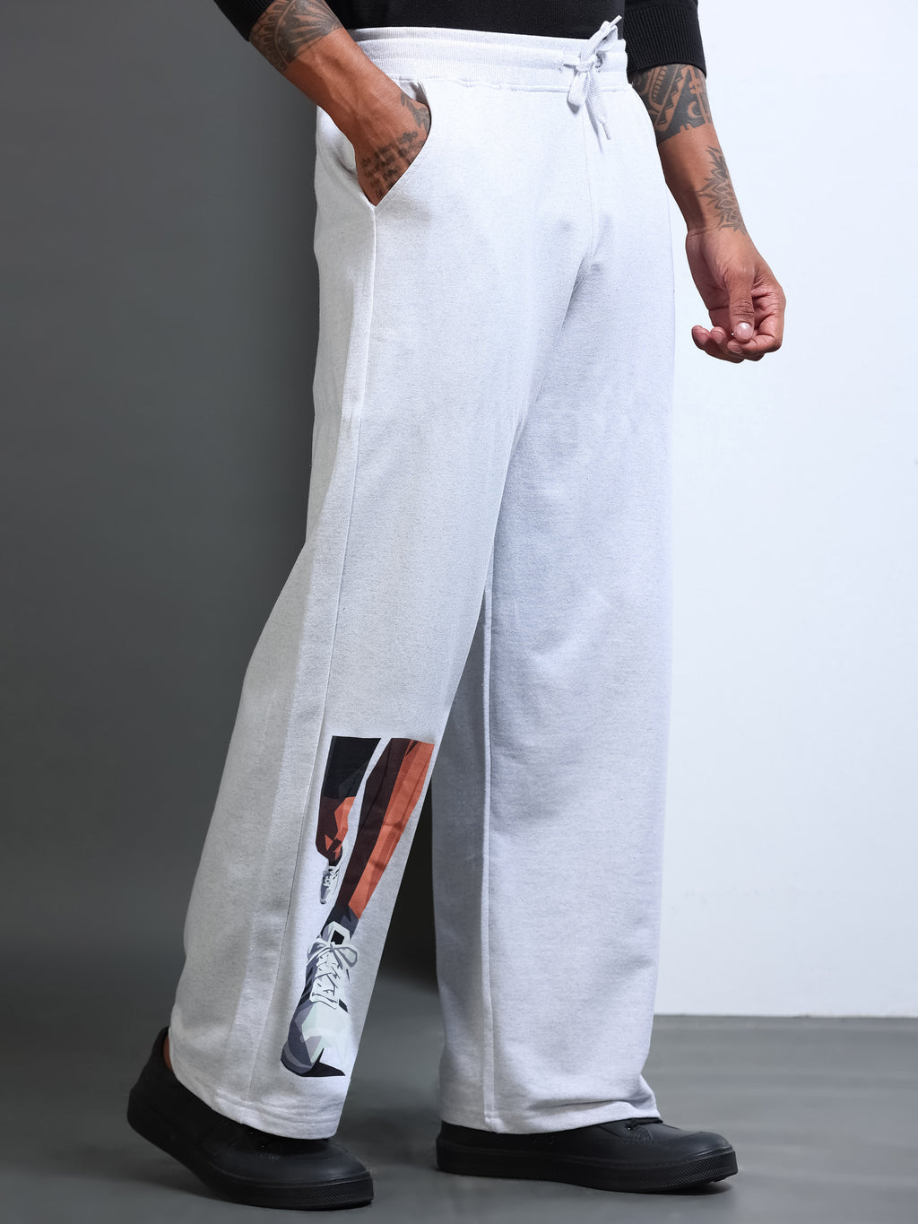 ARDEUR STREETZ Men White Melange Cotton Blend Sneaker Graphic Baggy Fit Track Pants