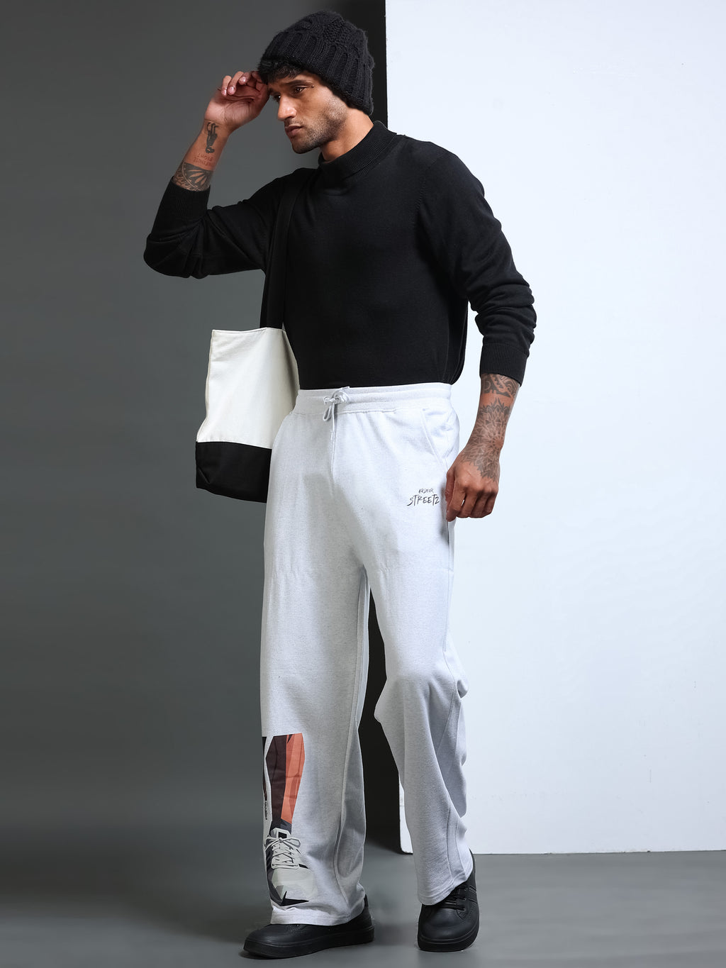 ARDEUR STREETZ Men White Melange Cotton Blend Sneaker Graphic Baggy Fit Track Pants