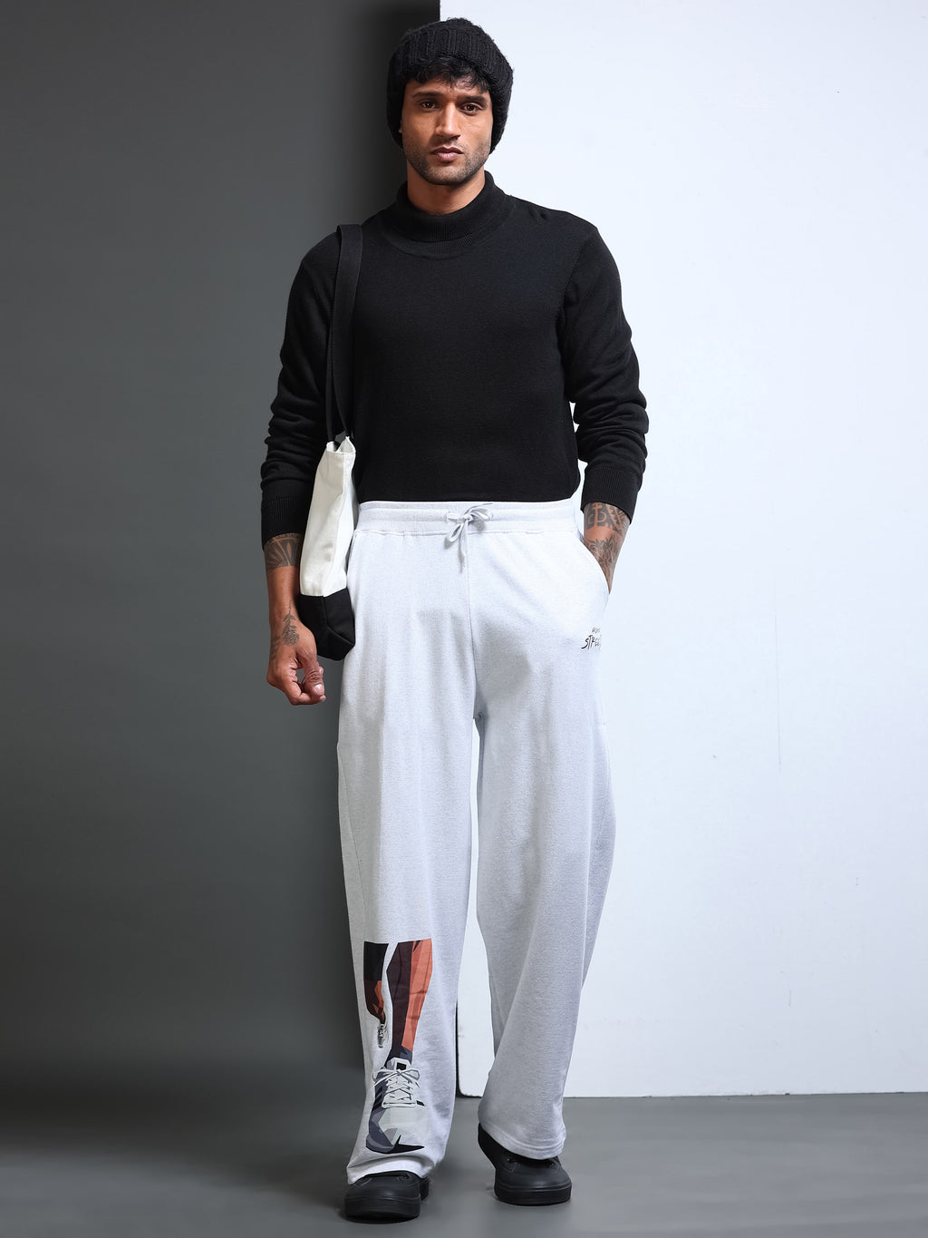 ARDEUR STREETZ Men White Melange Cotton Blend Sneaker Graphic Baggy Fit Track Pants