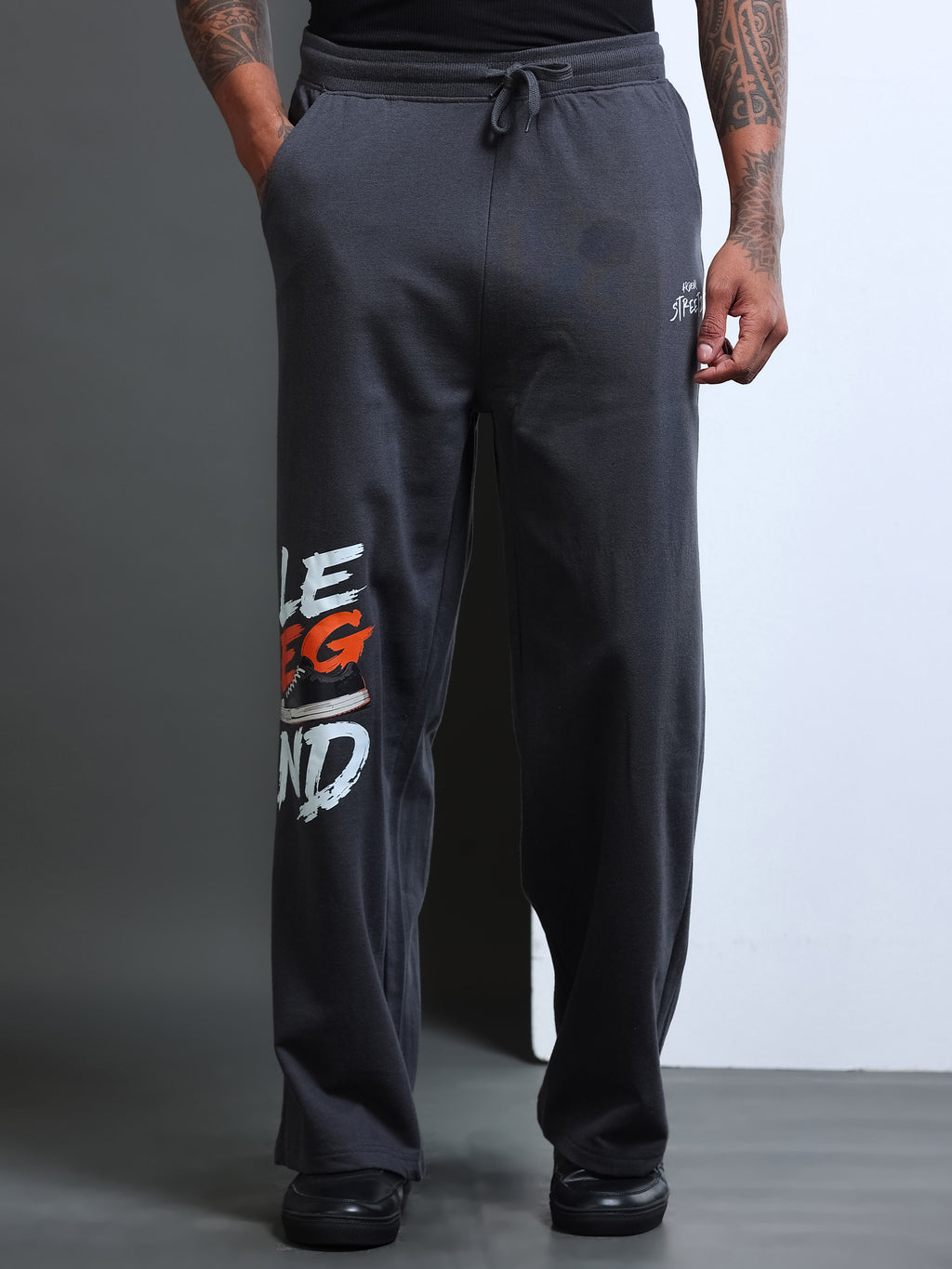 ARDEUR STREETZ Men Steel Grey Cotton Blend LEGEND Printed Baggy Fit Track Pants