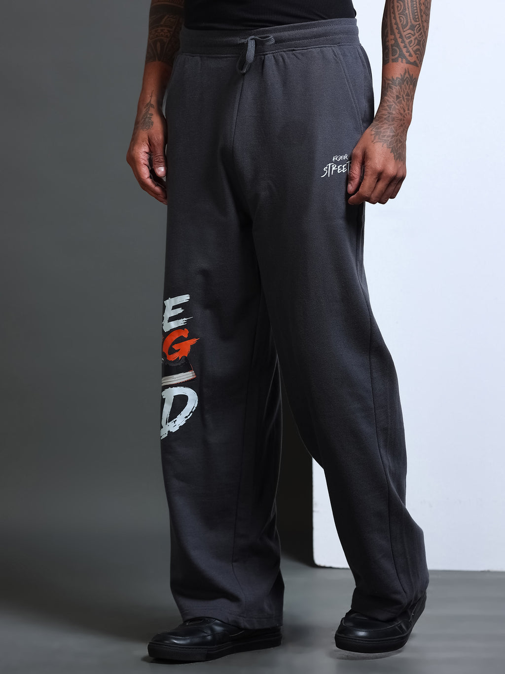 ARDEUR STREETZ Men Steel Grey Cotton Blend LEGEND Printed Baggy Fit Track Pants