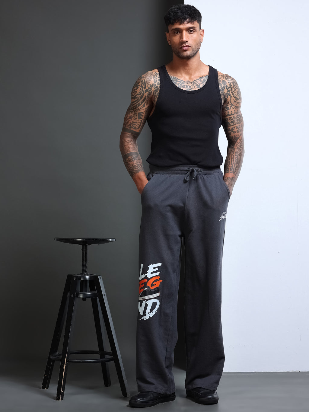 ARDEUR STREETZ Men Steel Grey Cotton Blend LEGEND Printed Baggy Fit Track Pants