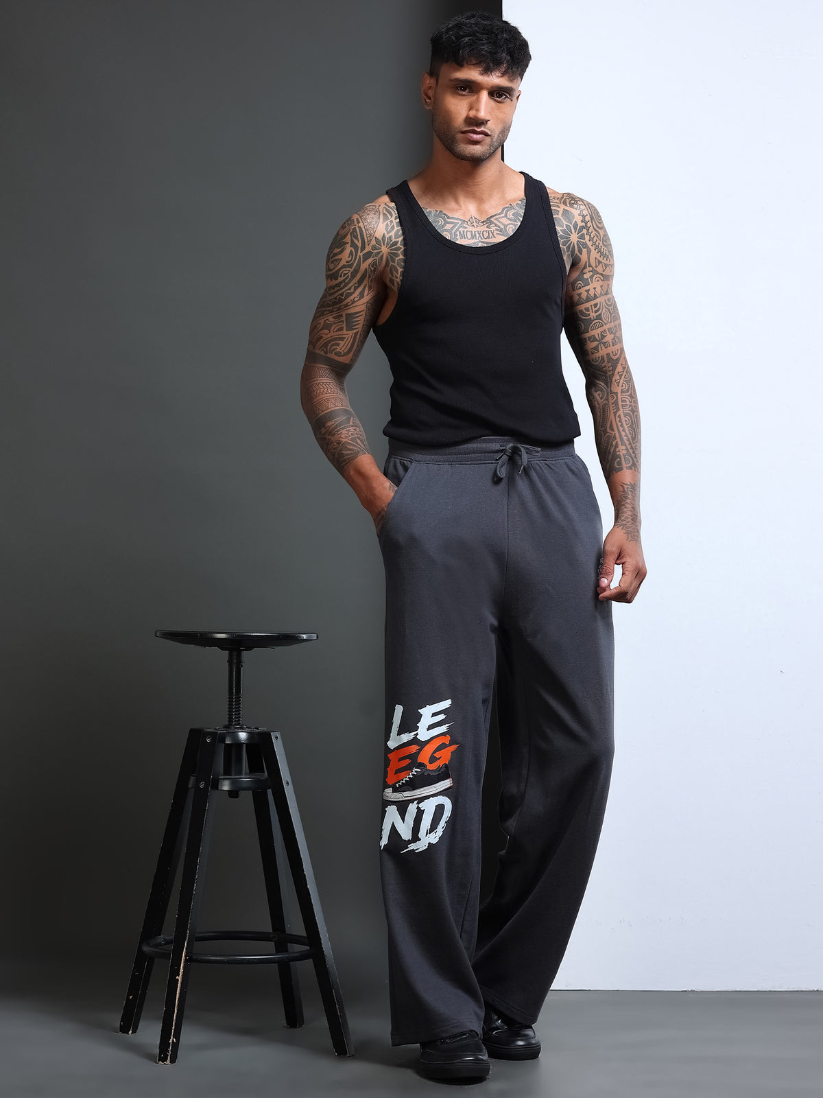 ARDEUR STREETZ Men Steel Grey Cotton Blend LEGEND Printed Baggy Fit Track Pants