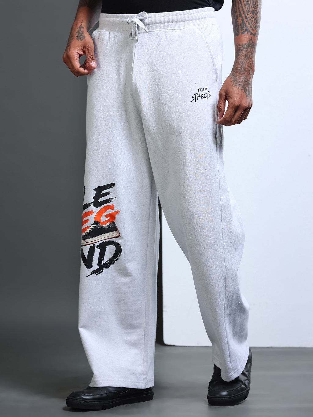 ARDEUR STREETZ Men White Melange Cotton Blend LEGEND Printed Baggy Fit Track Pants