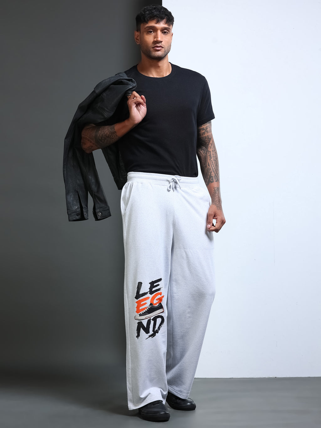 ARDEUR STREETZ Men White Melange Cotton Blend LEGEND Printed Baggy Fit Track Pants