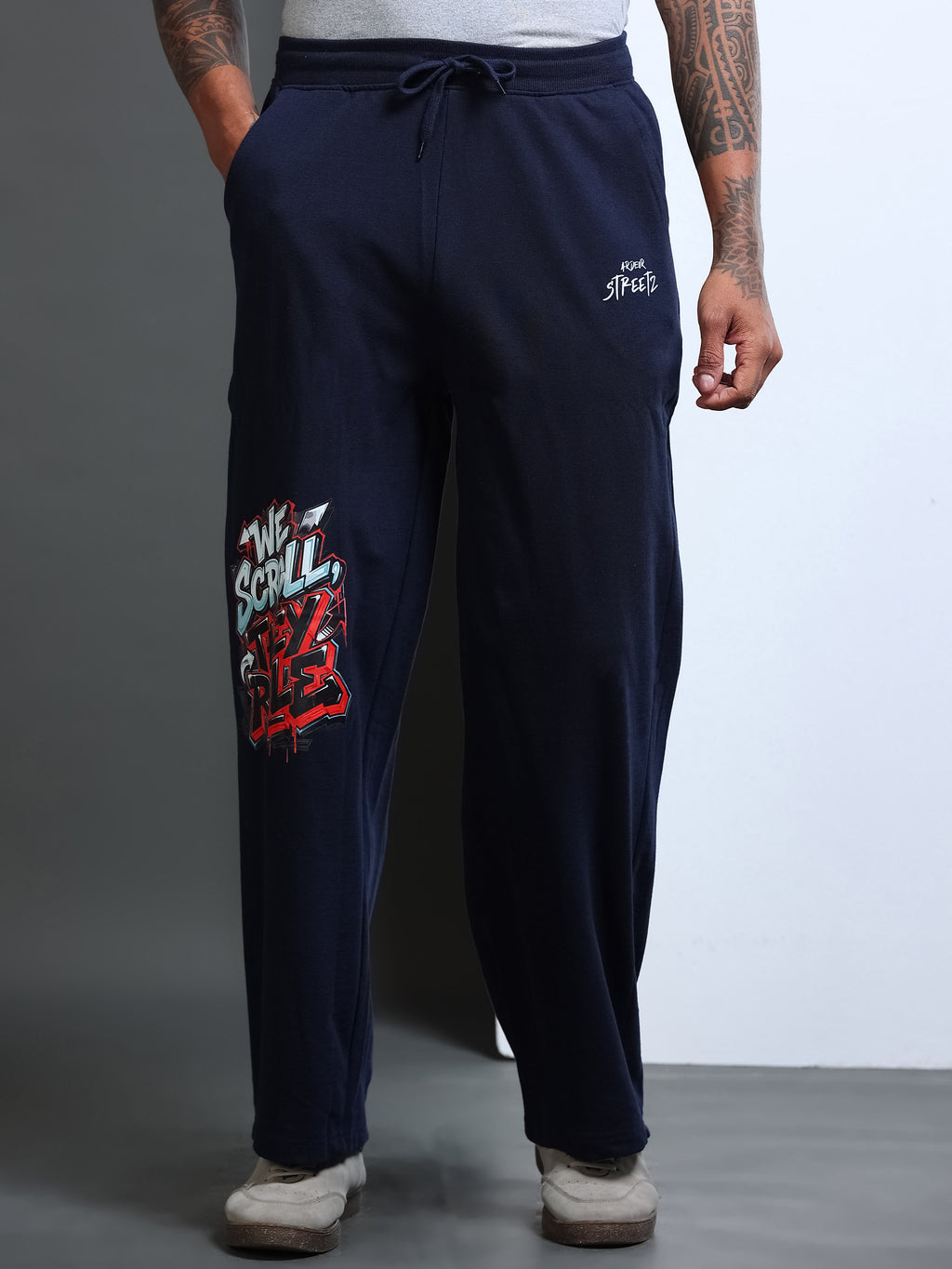 ARDEUR STREETZ Men Navy Cotton Blend WE SCROLL THEY RULE Printed Baggy Fit Track Pants