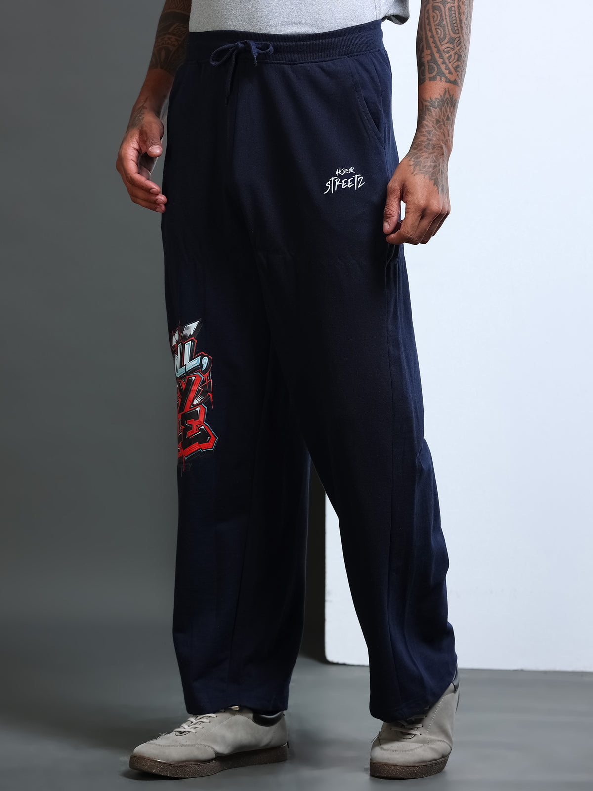 ARDEUR STREETZ Men Navy Cotton Blend WE SCROLL THEY RULE Printed Baggy Fit Track Pants