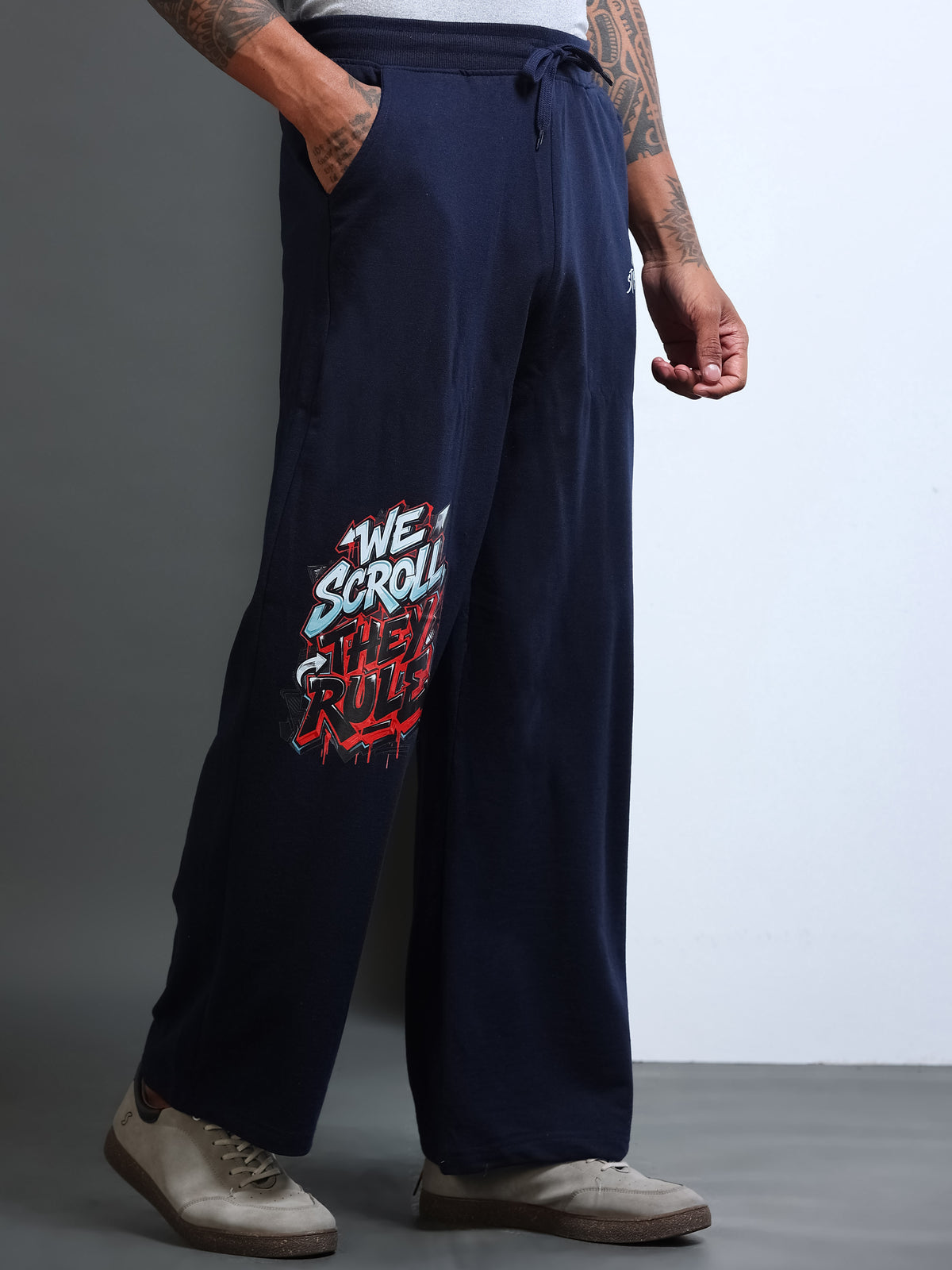 ARDEUR STREETZ Men Navy Cotton Blend WE SCROLL THEY RULE Printed Baggy Fit Track Pants