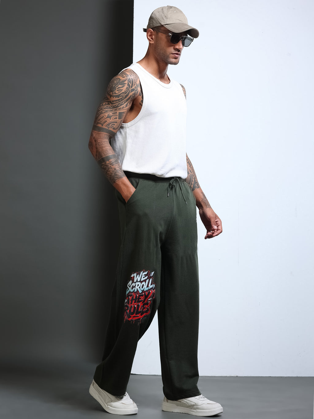 ARDEUR STREETZ Men Olive Cotton Blend WE SCROLL THEY RULE Printed Baggy Fit Track Pants