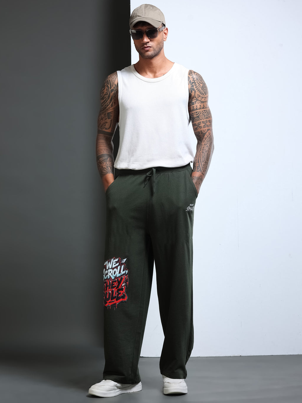 ARDEUR STREETZ Men Olive Cotton Blend WE SCROLL THEY RULE Printed Baggy Fit Track Pants