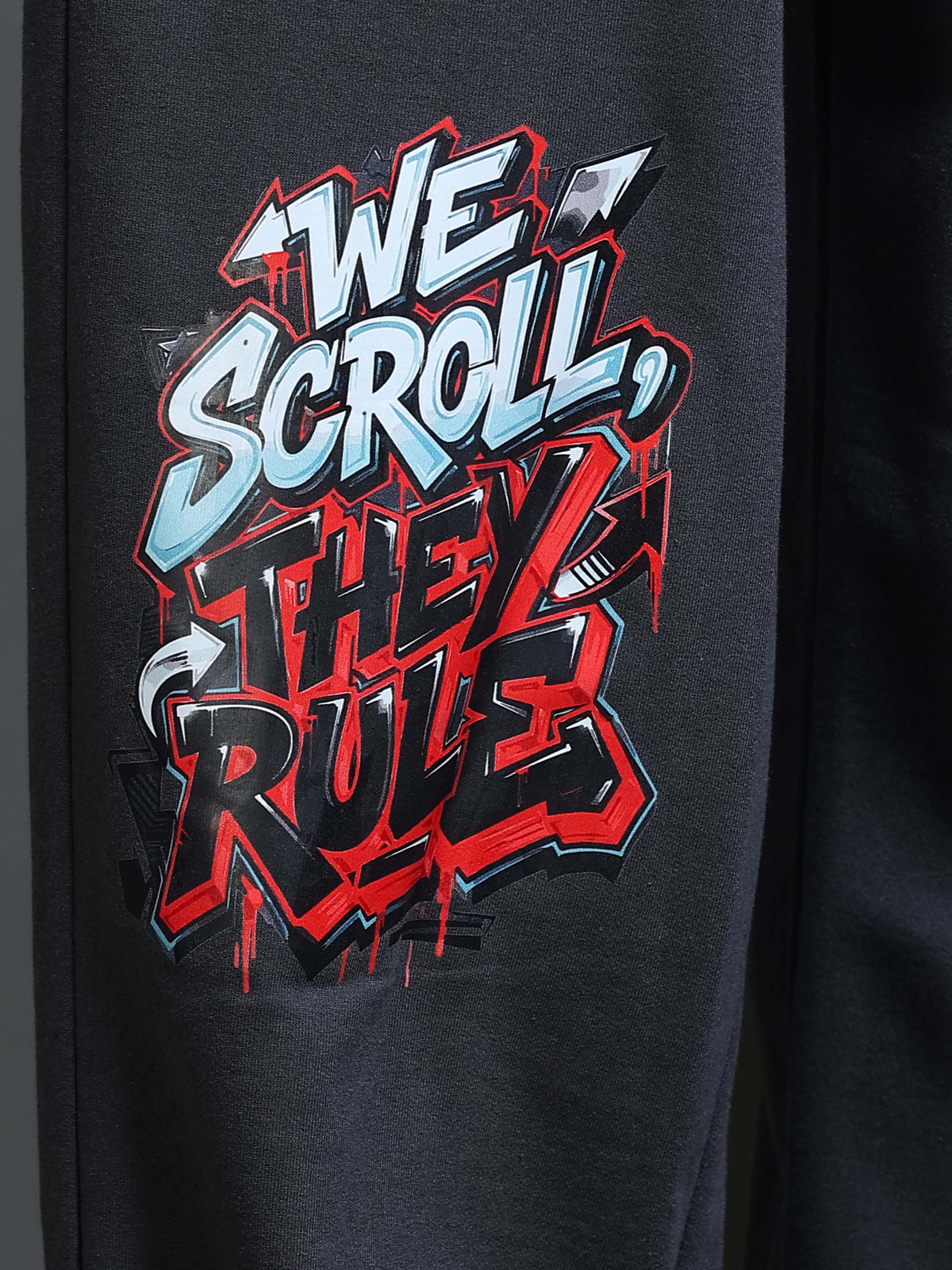 ARDEUR STREETZ Men Steel Grey Cotton Blend WE SCROLL THEY RULE Printed Baggy Fit Track Pants