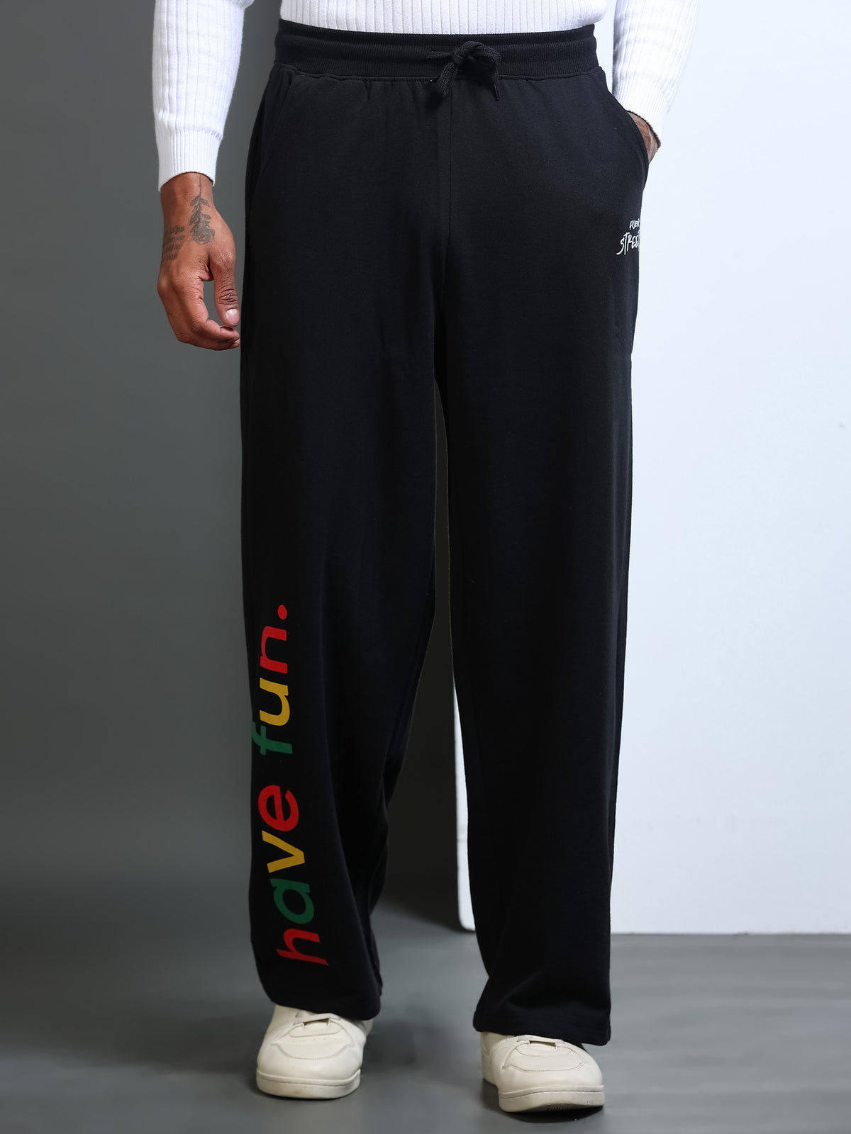 ARDEUR STREETZ Men Black Cotton Blend Have Fun Printed Baggy Fit Track Pants