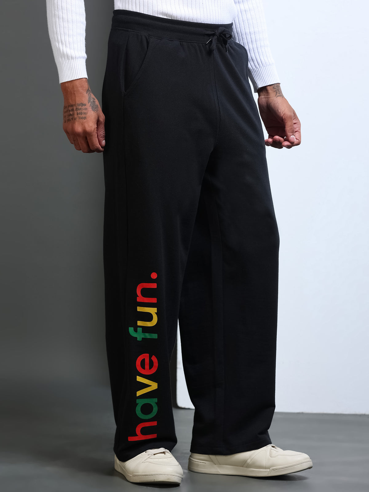 ARDEUR STREETZ Men Black Cotton Blend Have Fun Printed Baggy Fit Track Pants