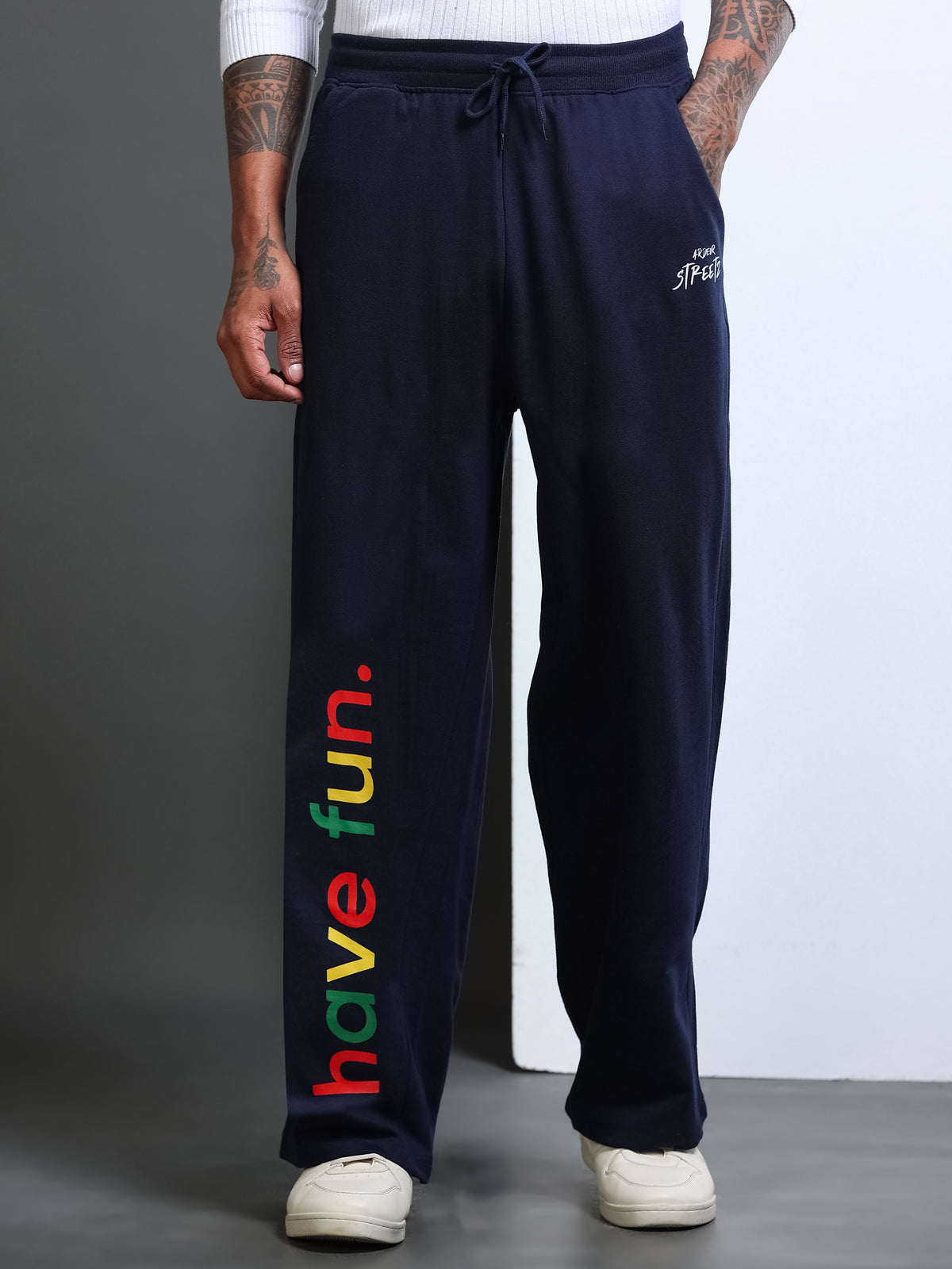 ARDEUR STREETZ Men Navy Cotton Blend Have Fun Printed Baggy Fit Track Pants