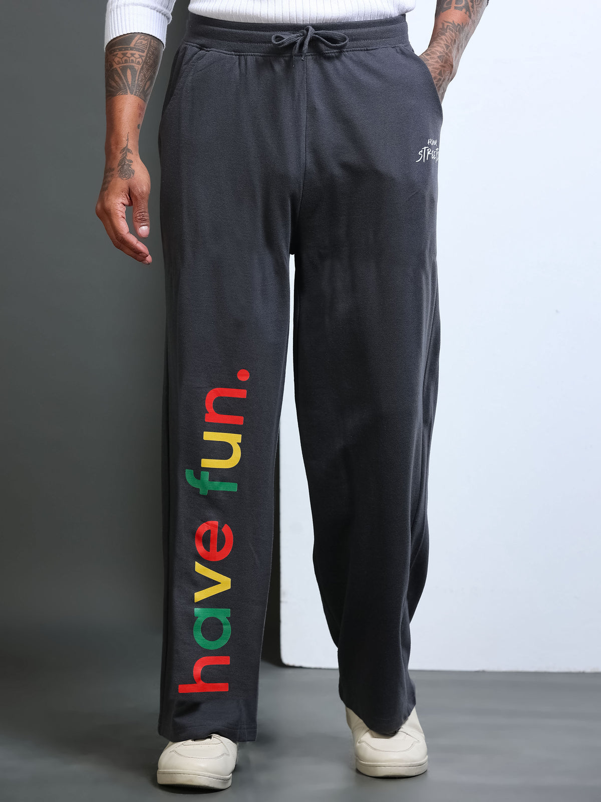 ARDEUR STREETZ Men Steel Grey Cotton Blend Have Fun Printed Baggy Fit Track Pants