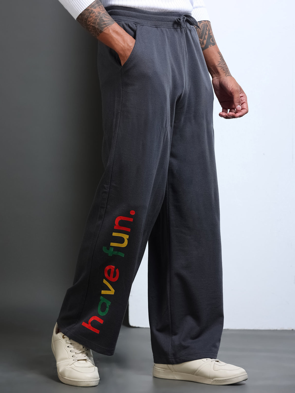 ARDEUR STREETZ Men Steel Grey Cotton Blend Have Fun Printed Baggy Fit Track Pants