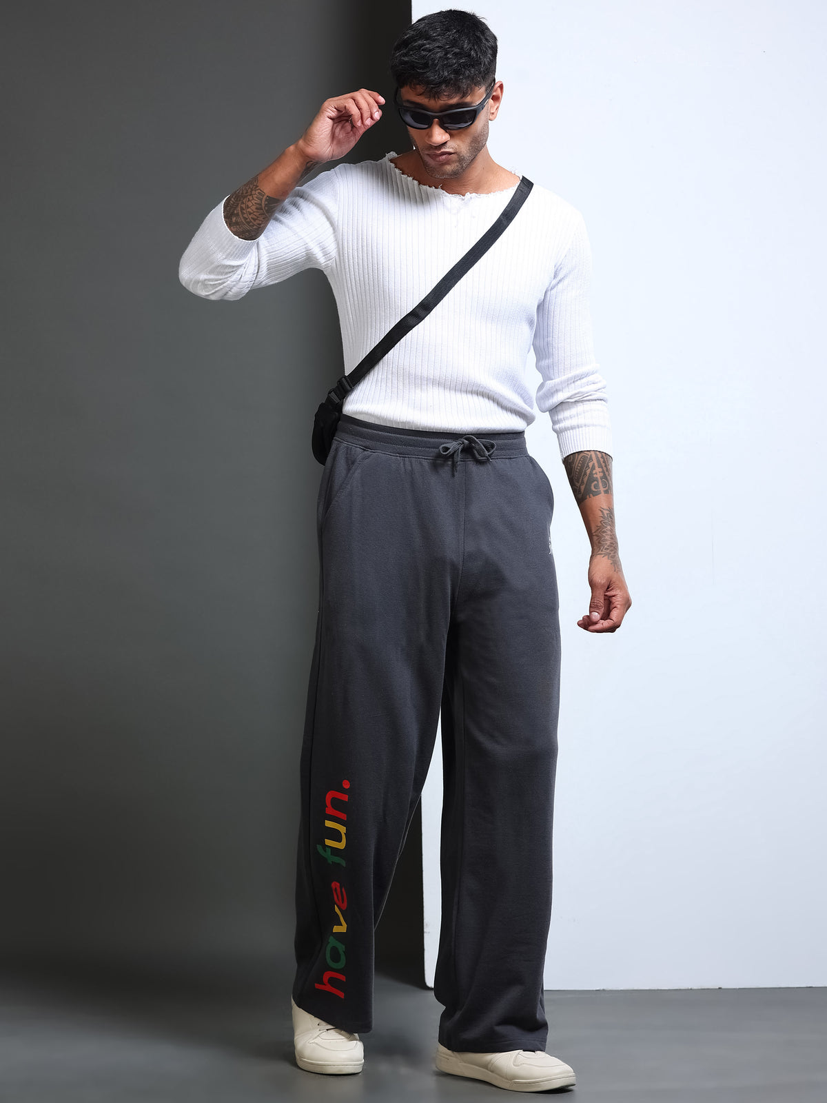 ARDEUR STREETZ Men Steel Grey Cotton Blend Have Fun Printed Baggy Fit Track Pants