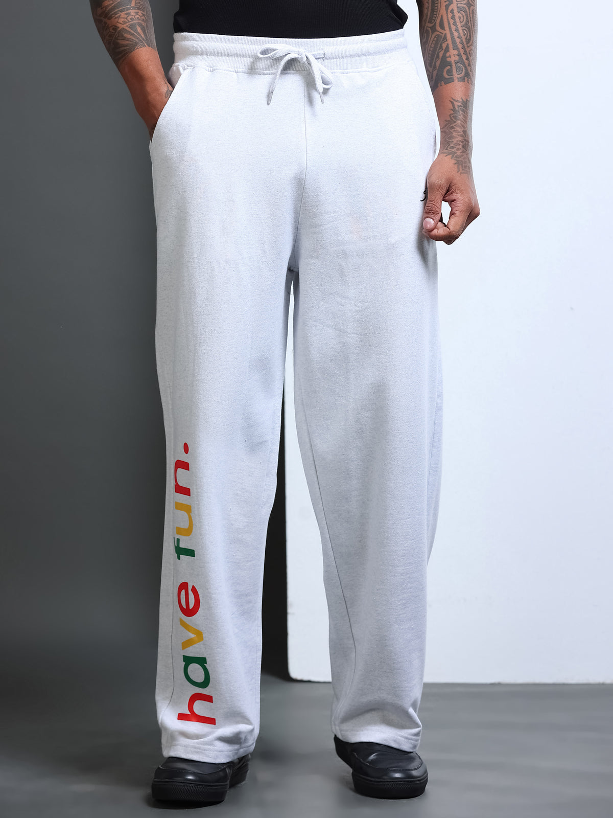 ARDEUR STREETZ Men White Melange Cotton Blend Have Fun Printed Baggy Fit Track Pants