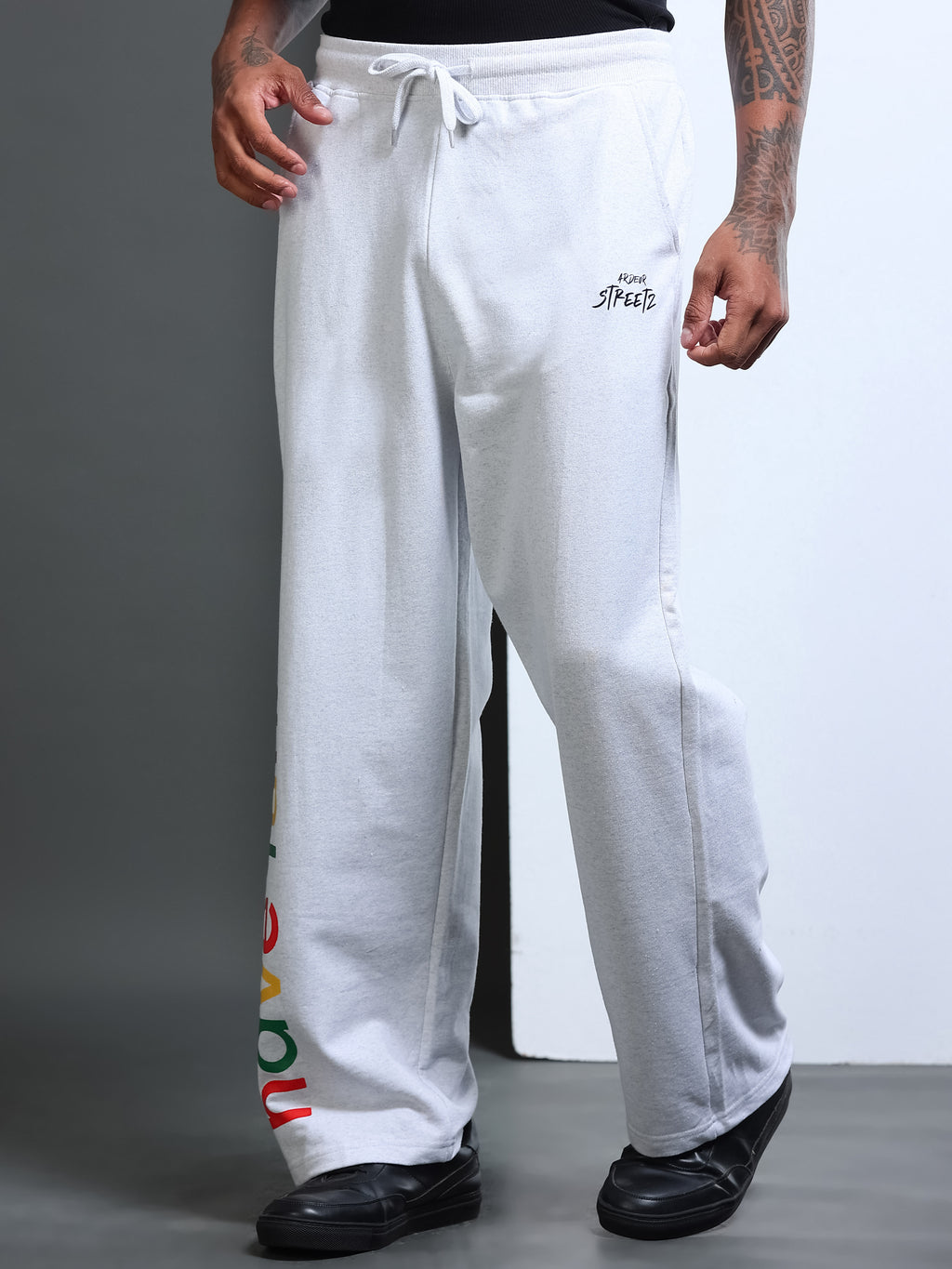 ARDEUR STREETZ Men White Melange Cotton Blend Have Fun Printed Baggy Fit Track Pants