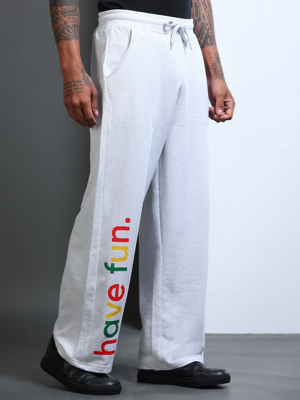 ARDEUR STREETZ Men White Melange Cotton Blend Have Fun Printed Baggy Fit Track Pants