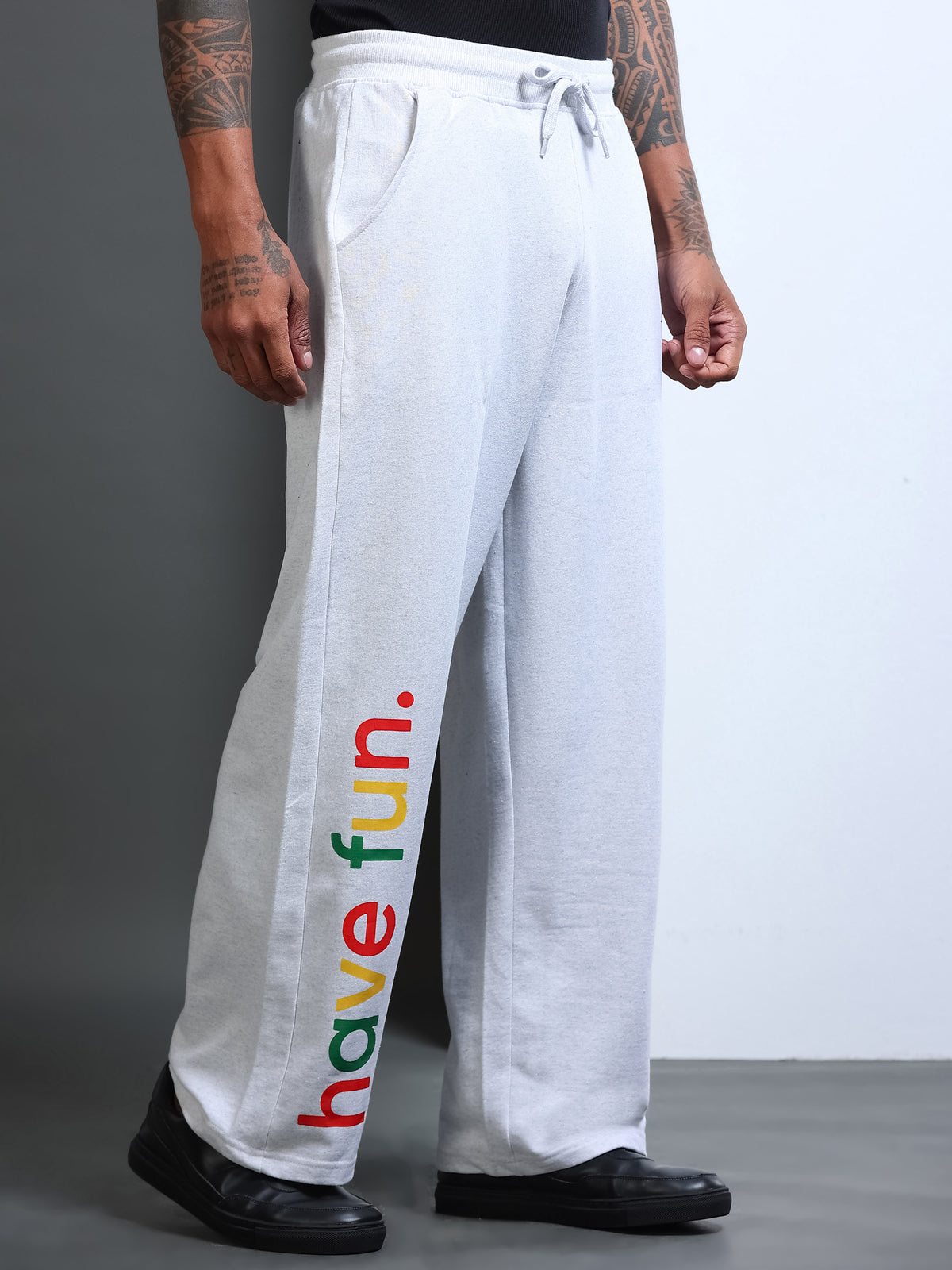ARDEUR STREETZ Men White Melange Cotton Blend Have Fun Printed Baggy Fit Track Pants