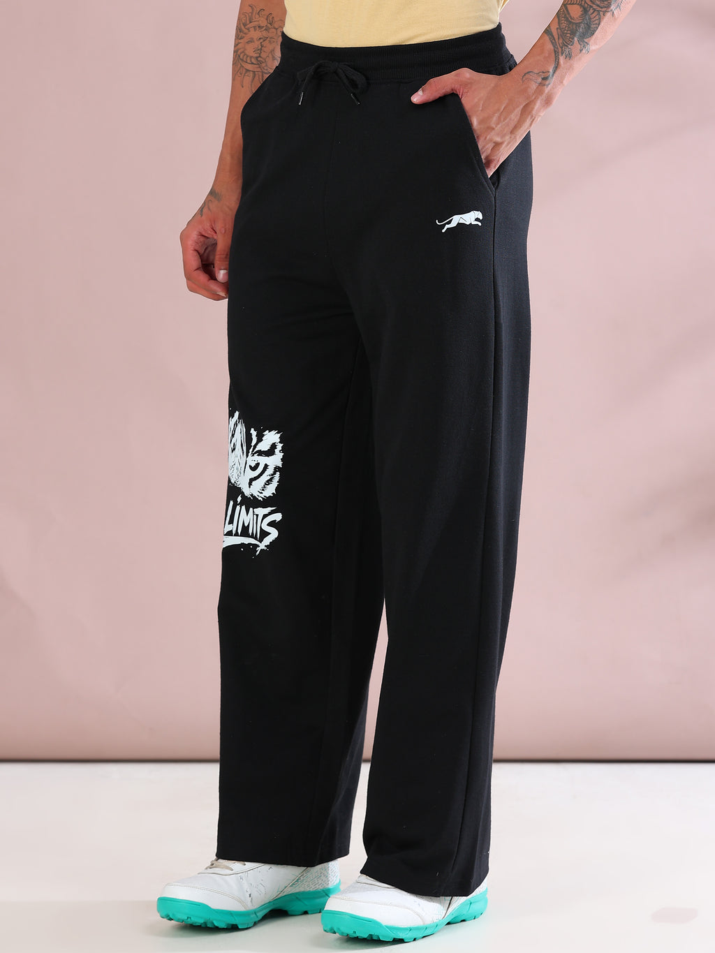 ARDEUR ZEAL IN YOU Mens Black Cotton Blend No Limits Printed Baggy Fit Track Pants