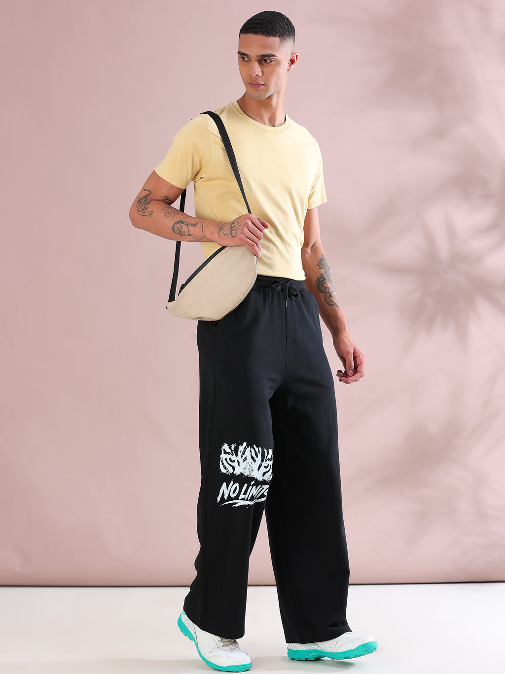 ARDEUR ZEAL IN YOU Mens Black Cotton Blend No Limits Printed Baggy Fit Track Pants