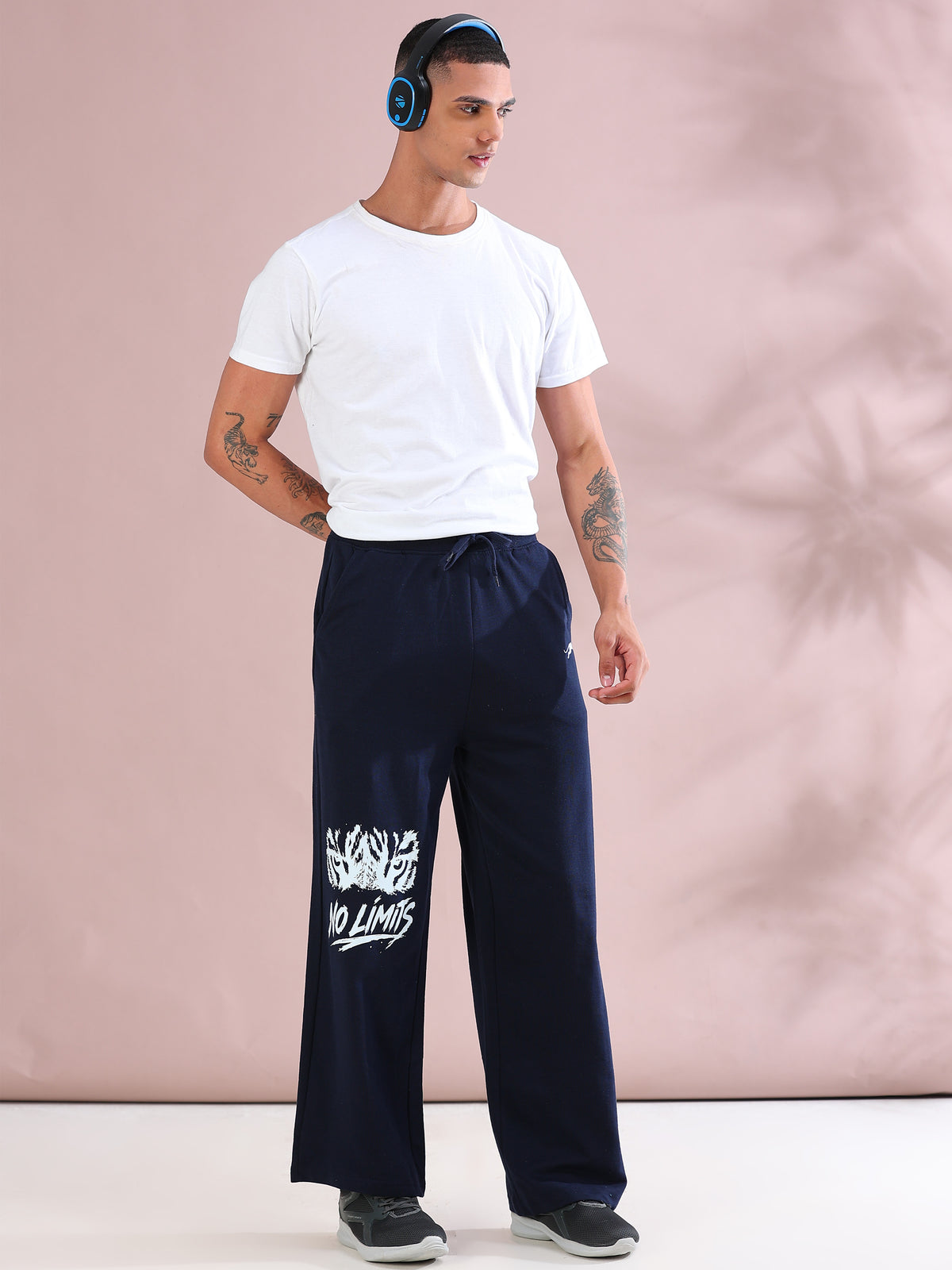 ARDEUR ZEAL IN YOU Mens Navy Cotton Blend No Limits Printed Baggy Fit Track Pants