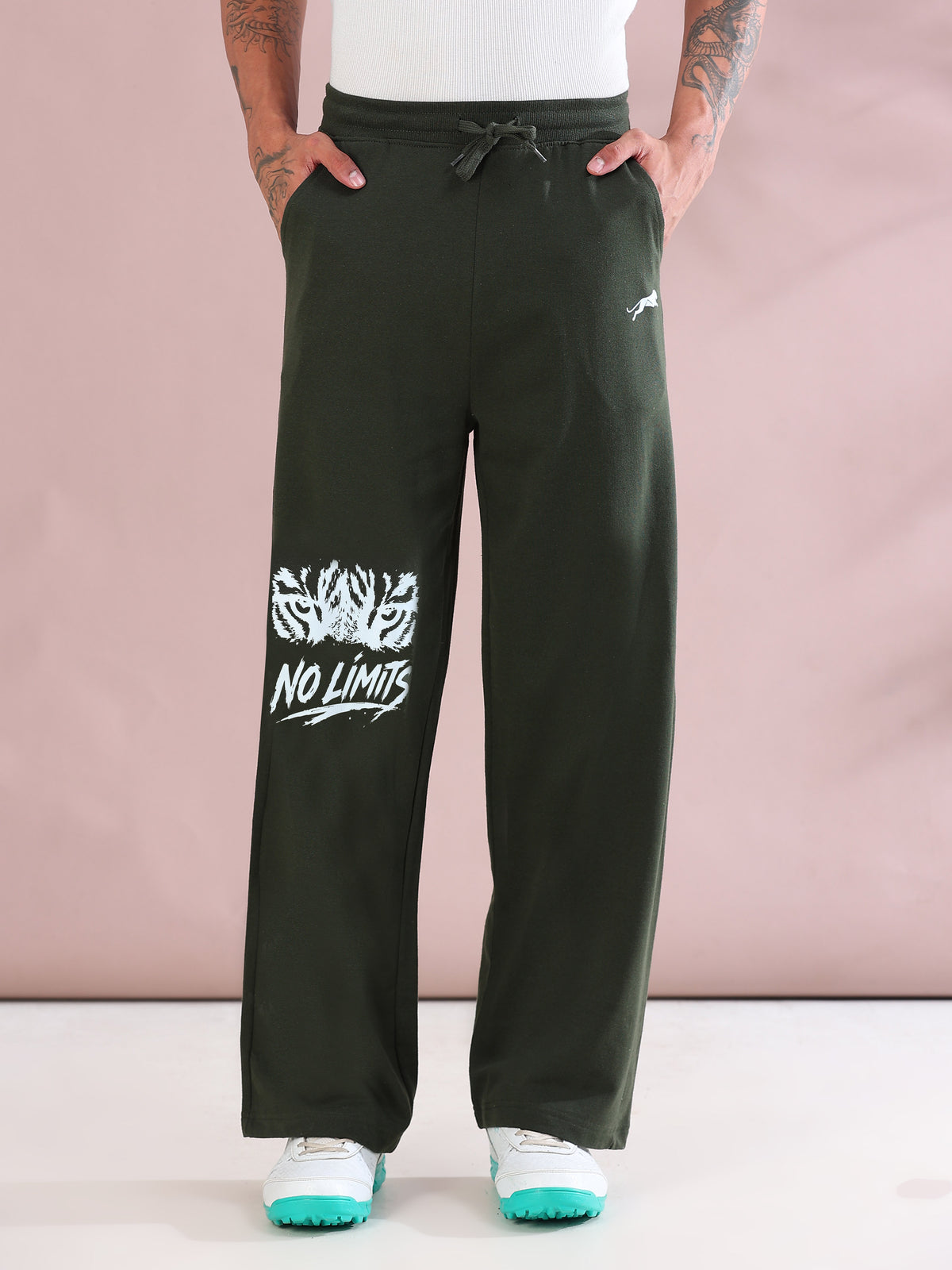 ARDEUR ZEAL IN YOU Mens Olive Cotton Blend No Limits Printed Baggy Fit Track Pants