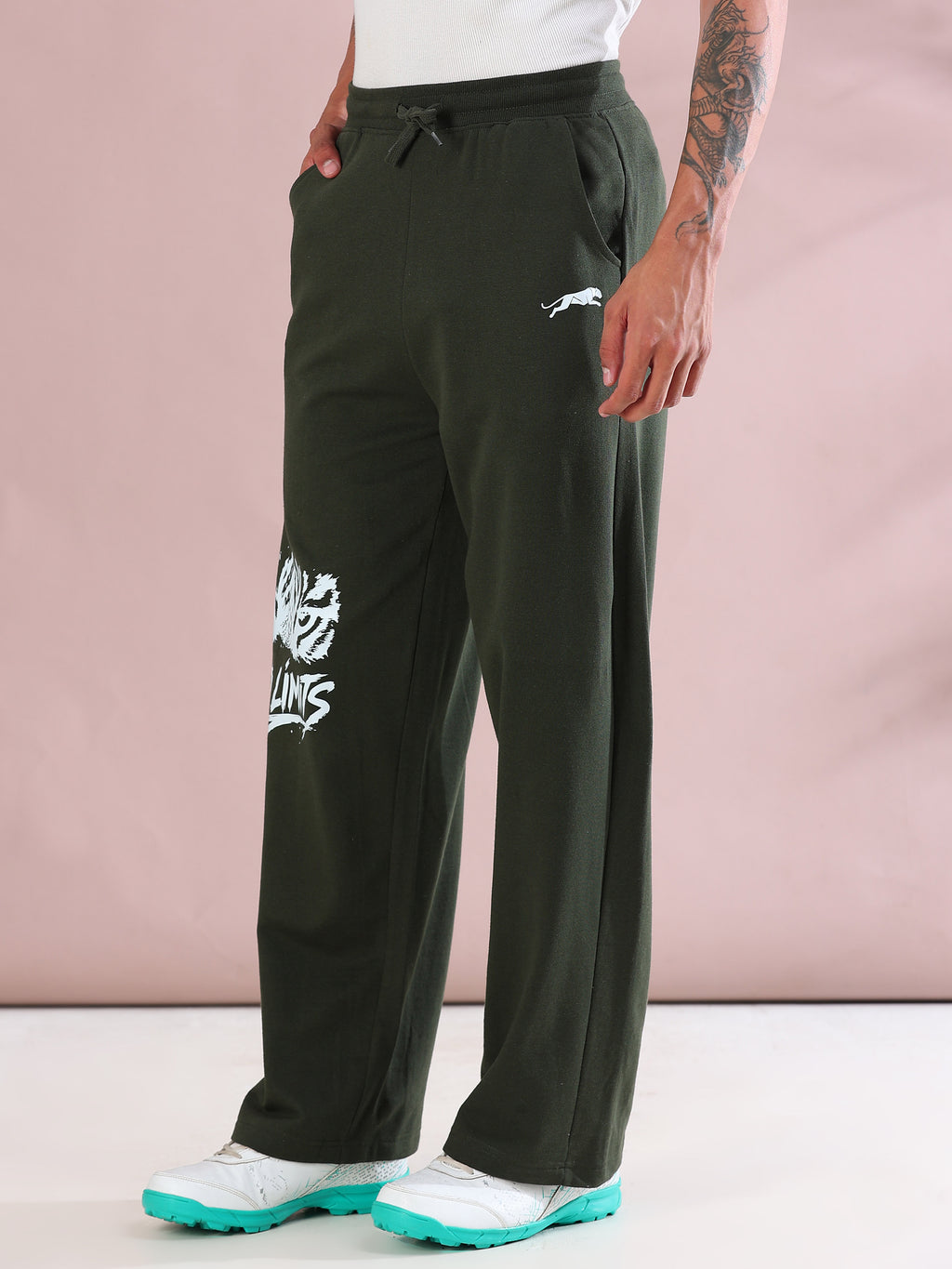 ARDEUR ZEAL IN YOU Mens Olive Cotton Blend No Limits Printed Baggy Fit Track Pants