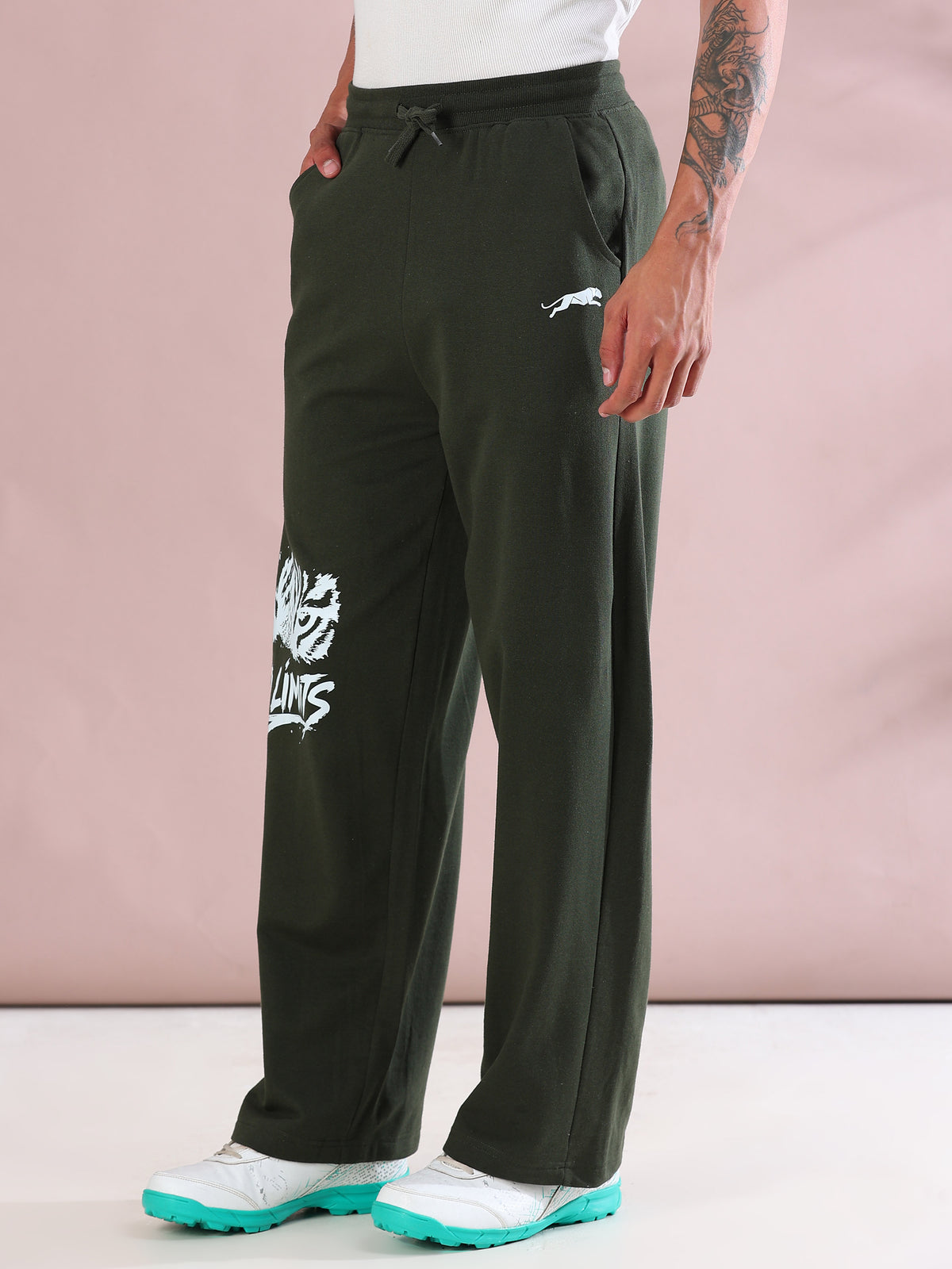ARDEUR ZEAL IN YOU Mens Olive Cotton Blend No Limits Printed Baggy Fit Track Pants