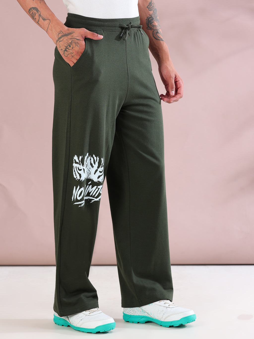 ARDEUR ZEAL IN YOU Mens Olive Cotton Blend No Limits Printed Baggy Fit Track Pants