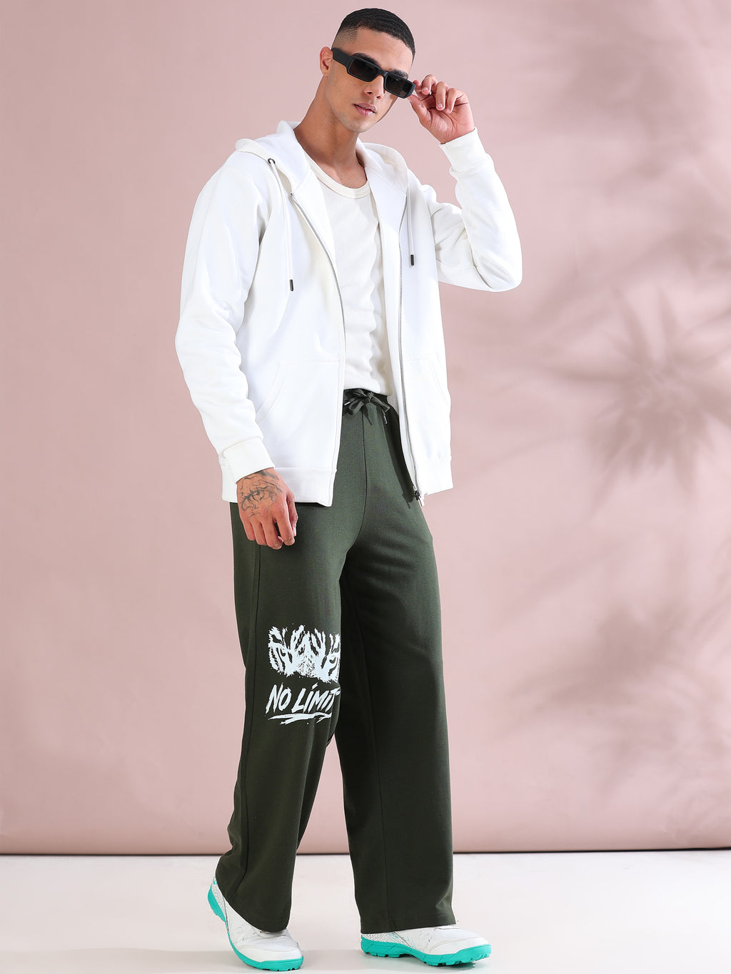 ARDEUR ZEAL IN YOU Mens Olive Cotton Blend No Limits Printed Baggy Fit Track Pants