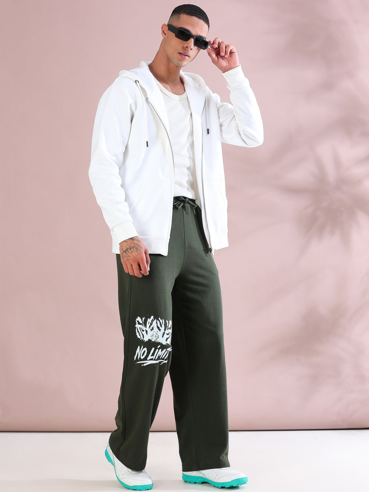 ARDEUR ZEAL IN YOU Mens Olive Cotton Blend No Limits Printed Baggy Fit Track Pants