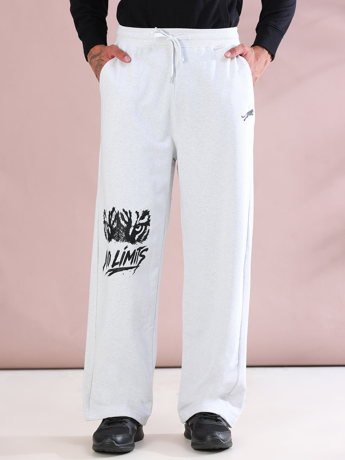ARDEUR ZEAL IN YOU Mens White Melange Cotton Blend No Limits Printed Baggy Fit Track Pants