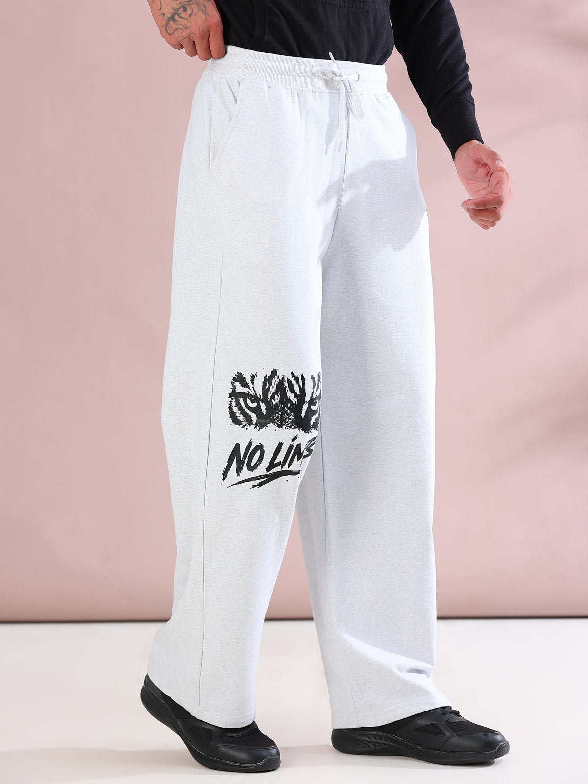 ARDEUR ZEAL IN YOU Mens White Melange Cotton Blend No Limits Printed Baggy Fit Track Pants
