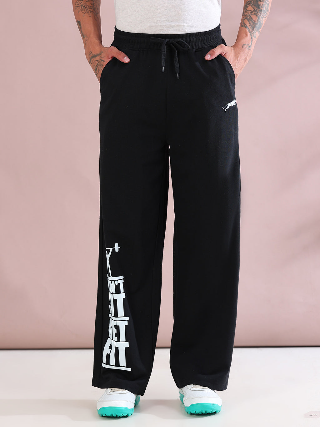ARDEUR ZEAL IN YOU Mens Black Cotton Blend Don't Sit Get Fit Printed Baggy Fit Track Pants