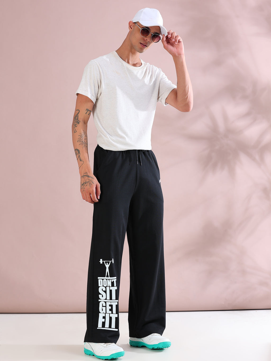 ARDEUR ZEAL IN YOU Mens Black Cotton Blend Don't Sit Get Fit Printed Baggy Fit Track Pants