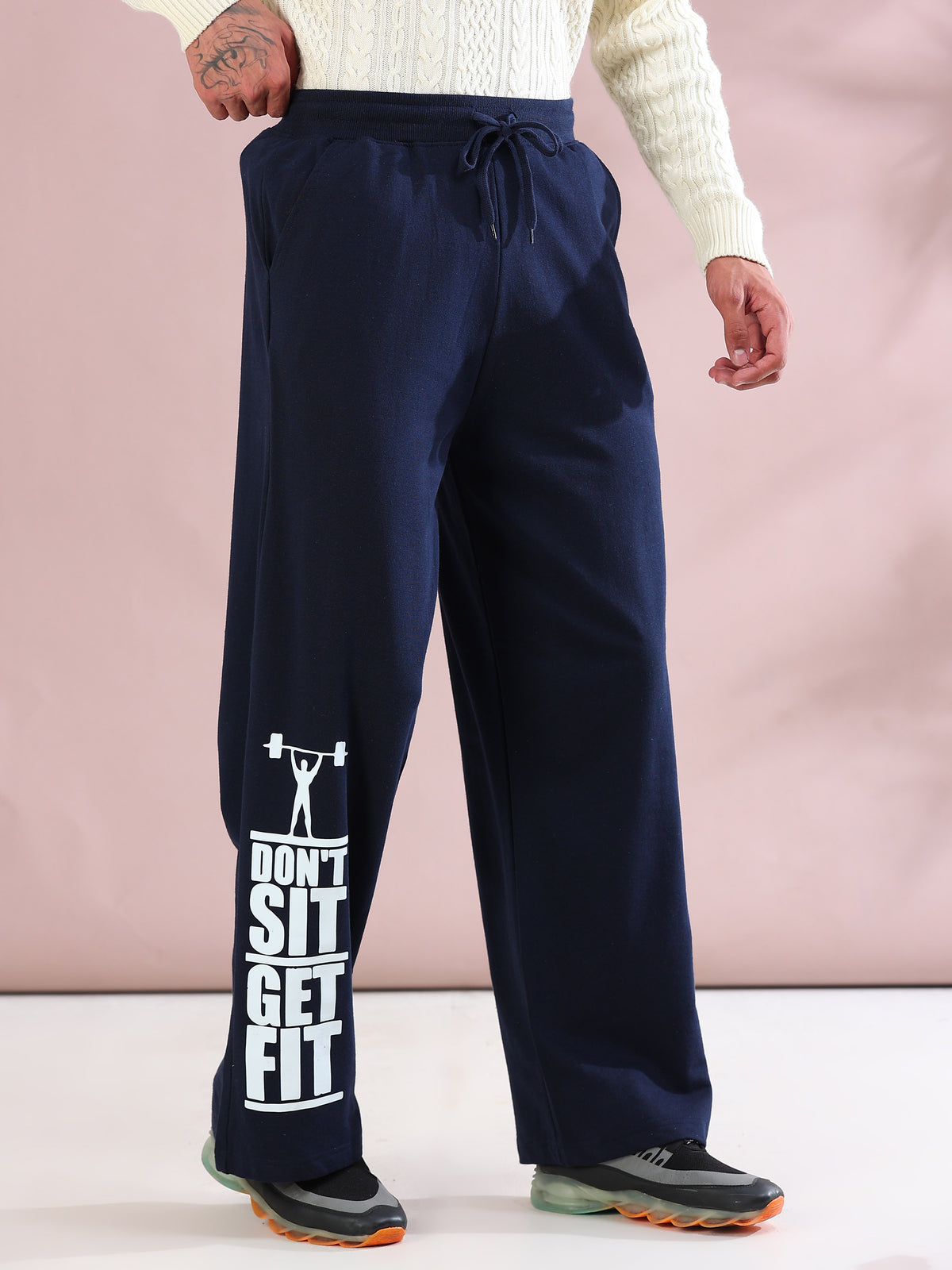 ARDEUR ZEAL IN YOU Mens Navy Cotton Blend Don't Sit Get Fit Printed Baggy Fit Track Pants