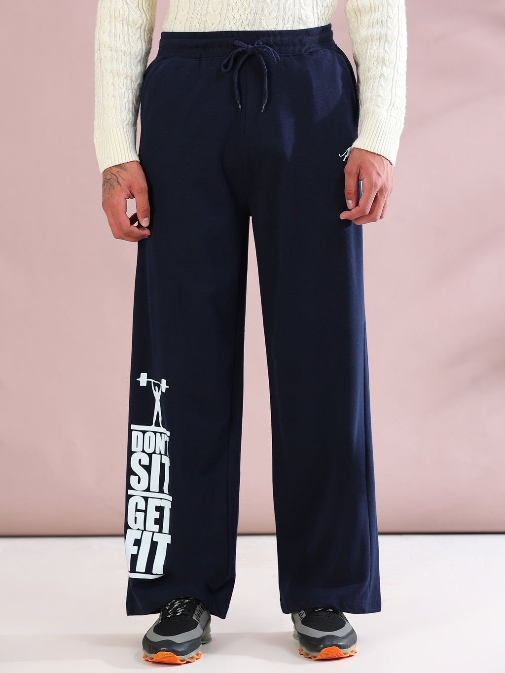 ARDEUR ZEAL IN YOU Mens Navy Cotton Blend Don't Sit Get Fit Printed Baggy Fit Track Pants